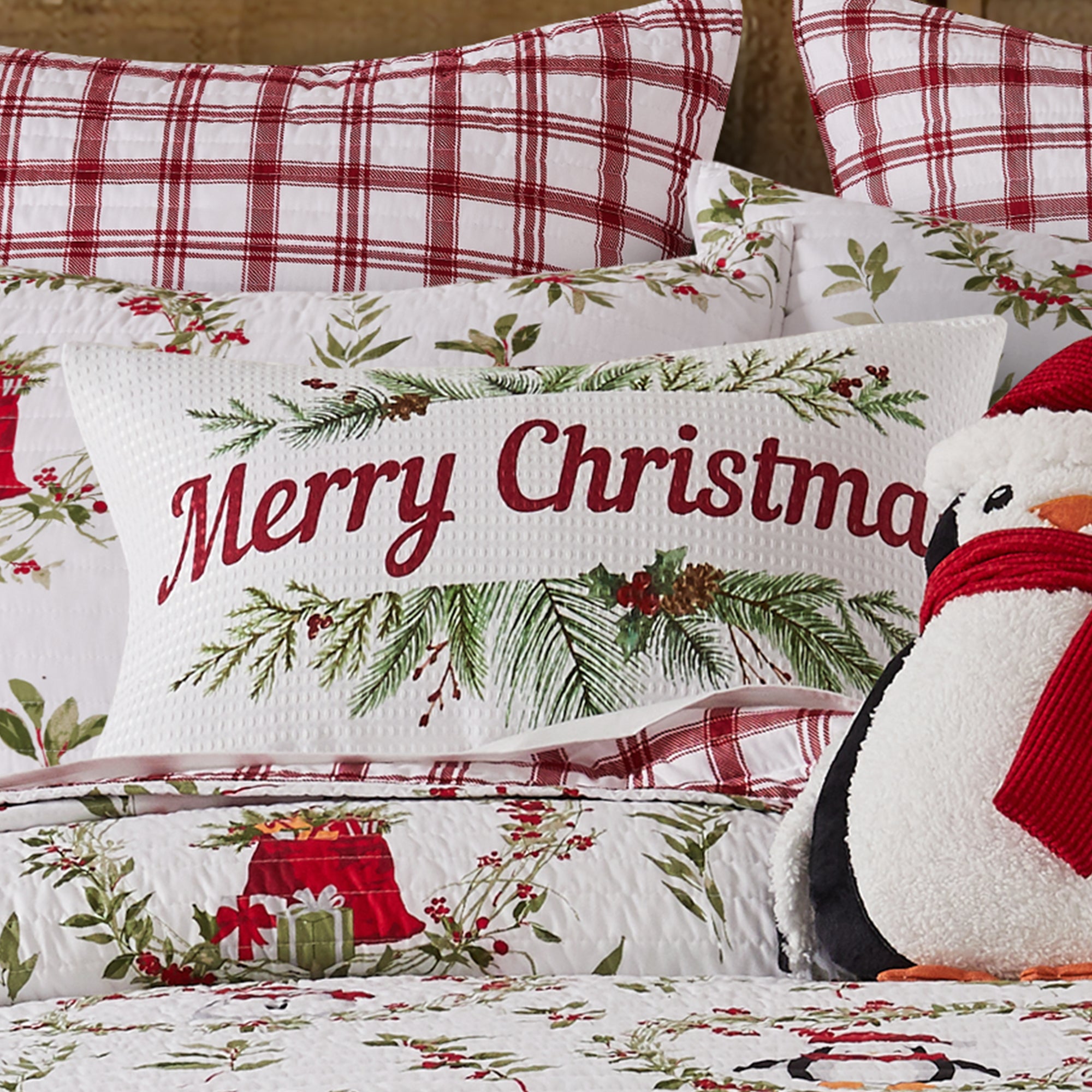 Festive Pine & Plaid Printed Merry Christmas Pillow Cover - Holiday Home Decor for Sofa, Couch, Bedroom - Cozy Seasonal Throw Pillow for Xmas Decorations