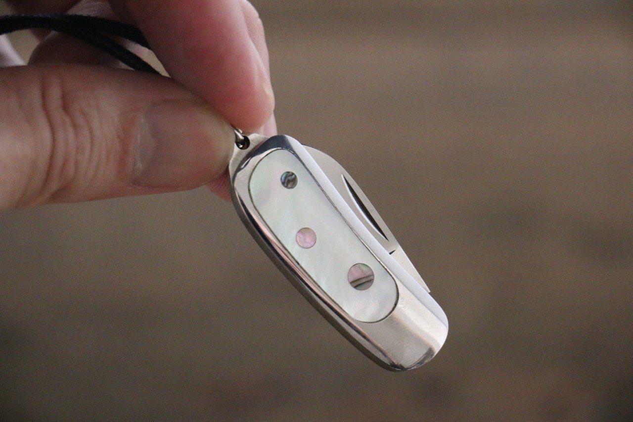 Premium Moki Mini Pendant Pocket Knife - White Mother of Pearl & Abalone Inlay - Compact EDC Knife for Camping, Hiking & Everyday Carry