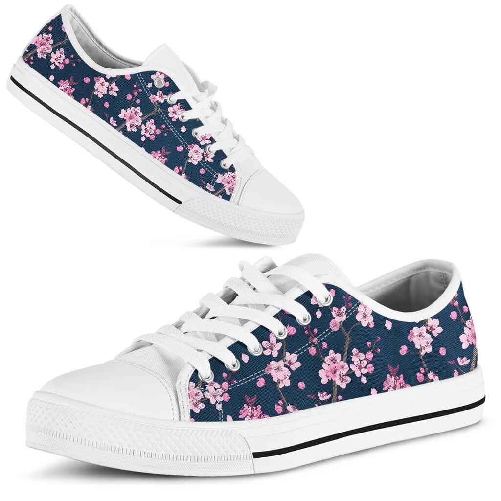 Japanese Sakura Cherry Blossom Navy & White Canvas Low Top Sneakers - Unisex Casual Shoes for Men & Women with Gift Box | Perfect for Spring Fashion, Anime Cosplay, and Japanese Culture Enthusiasts