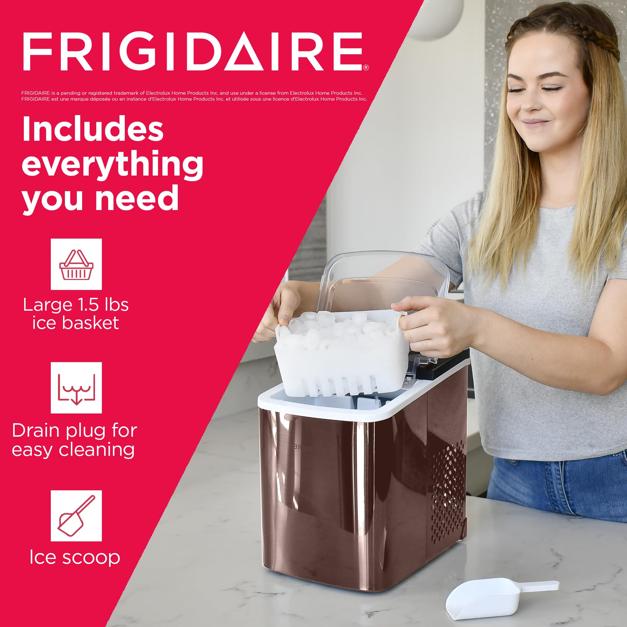Frigidaire EFIC117-SSCOPPER-COM Stainless Steel Ice Maker Machine - 26lb Daily Capacity, Copper Finish for Home, Office, or Commercial Use - Perfect for Parties, Restaurants, and Bars