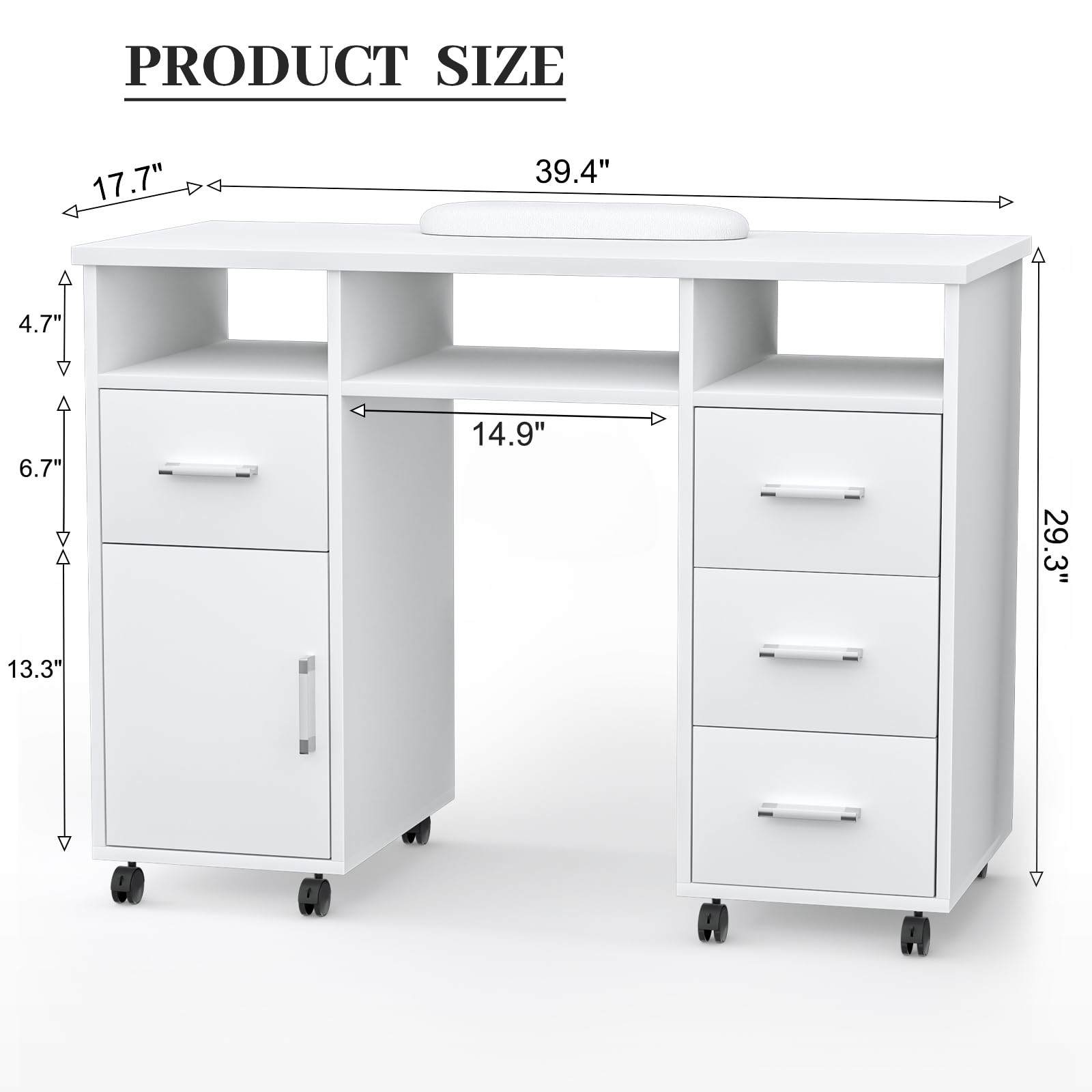 Professional Nail Tech Table with Lockable Wheels - Acetone Resistant Manicure Station with 4 Drawers, 1 Cabinet & 3 Open Storage - Portable Nail Salon Desk for Home & Professional Use (White) - Perfect for Nail Artists, Salons & Mobile Services