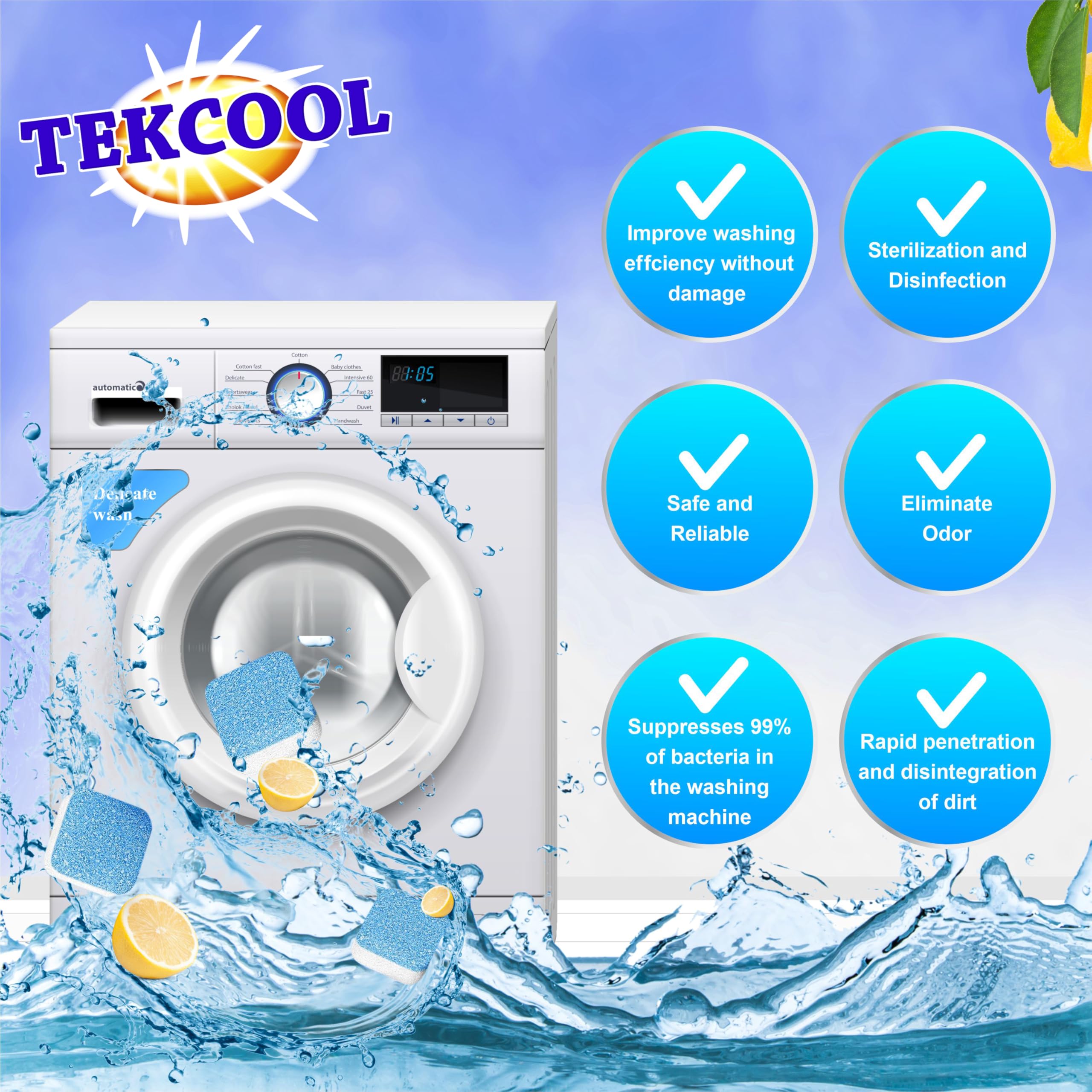 TEKCOOL Washing Machine Cleaner Tablets - 24 Pack Descaling Powder for Front & Top Load Washers, Deep Clean & Deodorize - Refresh Blue | Ideal for Laundry Maintenance & Odor Removal