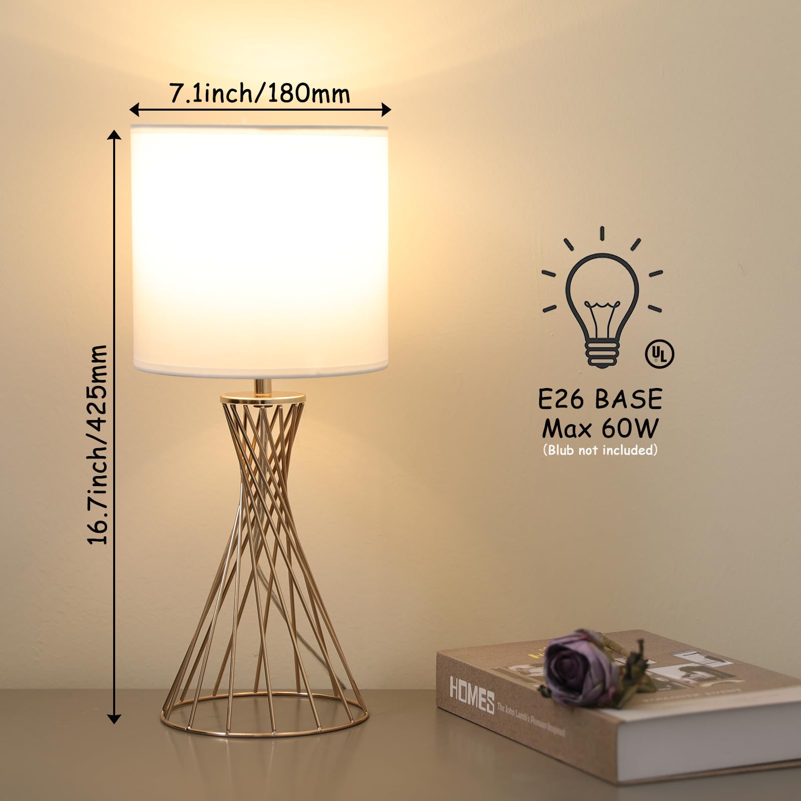 Modern Gold Table Lamp with White Fabric Shade & Geometric Metal Base - Small Cute Desk Lamp for Bedroom Nightstand, Living Room, Kids Room - Perfect for Reading, Study & Cozy Home Decor
