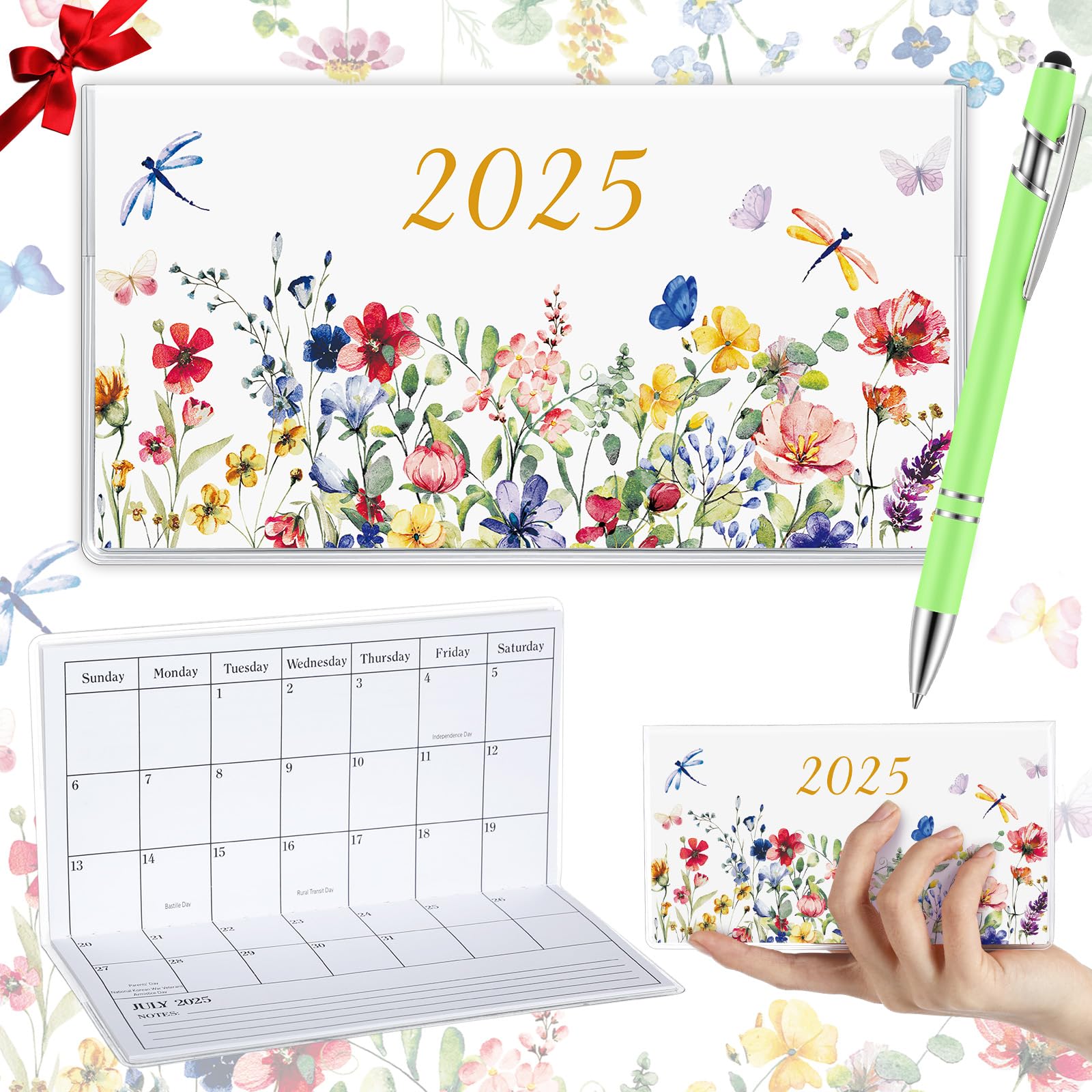 Gueevin 2025 Small Pocket Planner - Weekly & Monthly Calendar with Pen for Purse, Light Green Wildflower Design - Perfect Gift for Women, Sister, Friend - Ideal for Journaling, Note-Taking & Daily Planning (Christmas & New Year Gift Idea)