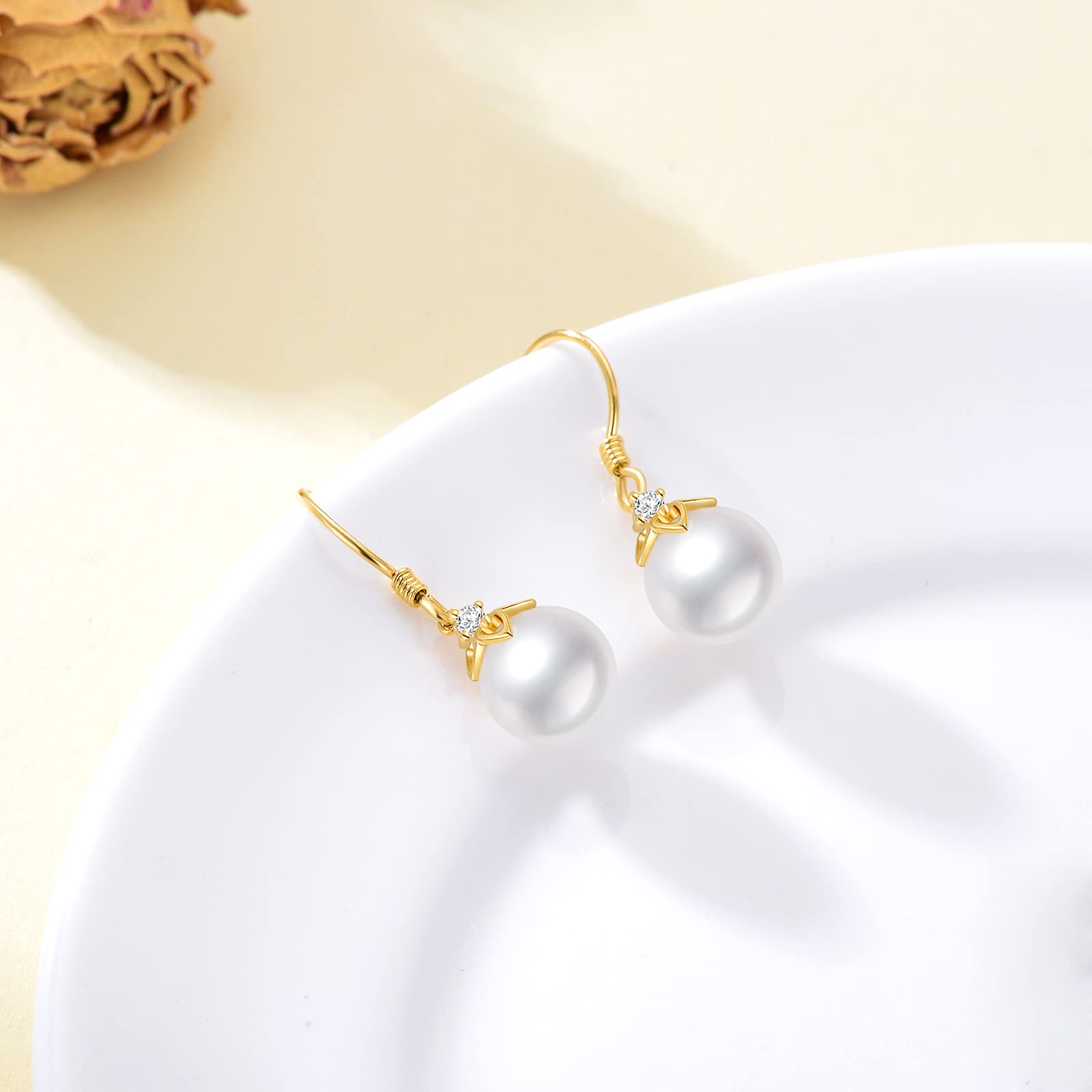 14K Solid Gold Freshwater Pearl Drop Earrings for Women - 8mm Handpicked Cultured Pearl Dangling Heart Earrings - Elegant Jewelry Gift for Her, Wife, Mom - Perfect for Weddings, Anniversaries & Special Occasions