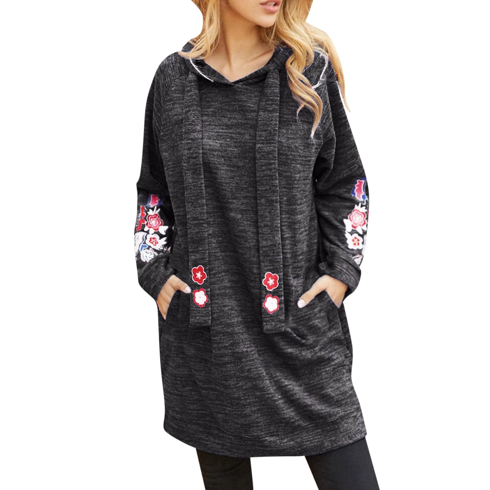 Women's Long Sleeve Hooded Tunic Top - Floral Print Button Front Swing Pullover Hoodie Dress for Casual Wear | Perfect for Fall Layering, Weekend Outings & Coffee Dates