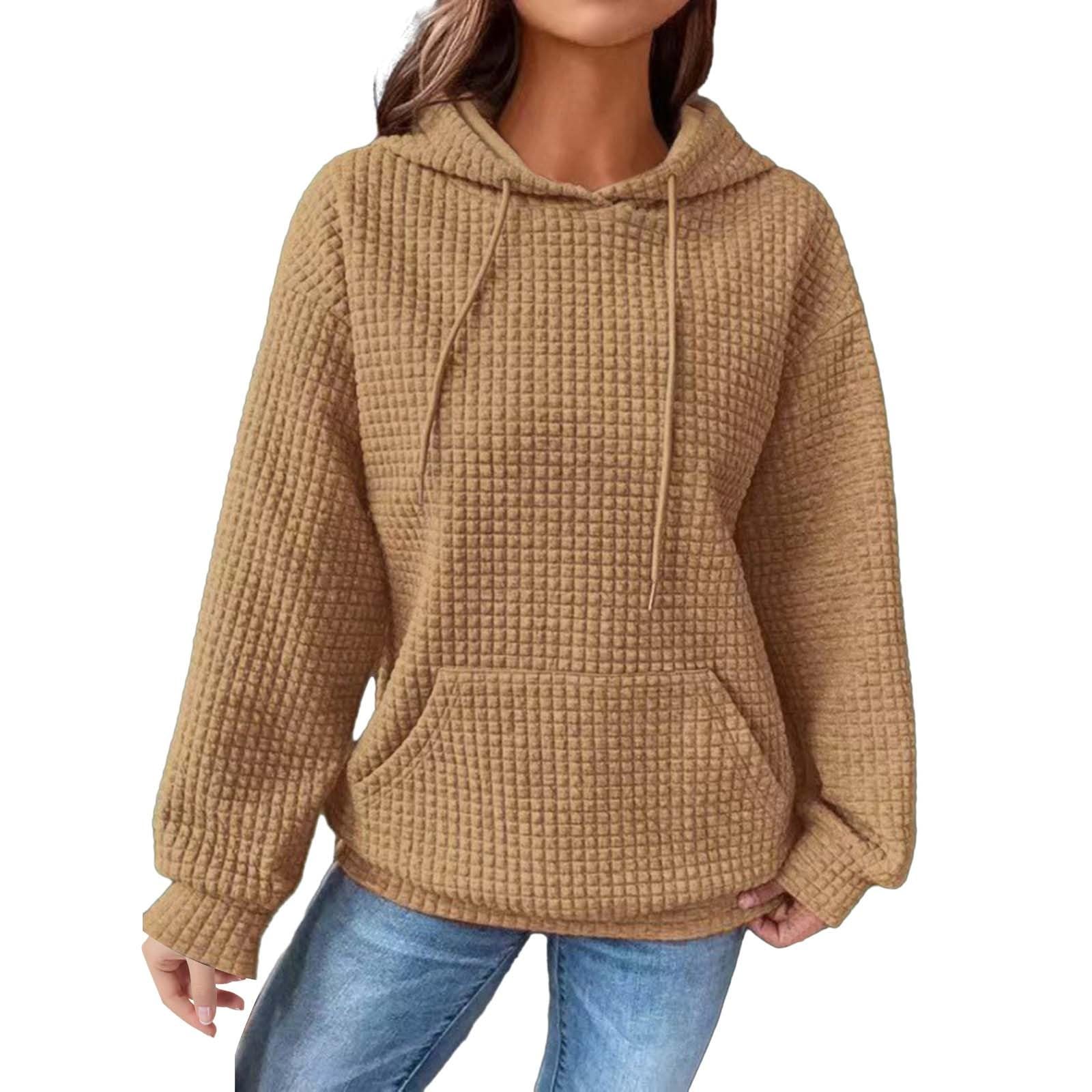 Women's Cute Waffle Knit Hoodie with Drawstring - Cozy Pullover Sweatshirt for Fall Fashion | Casual Outfit for Coffee Dates, Weekend Errands & Autumn Layering