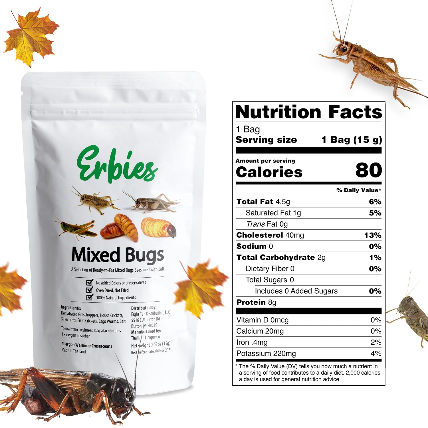 Erbies Edible Bug Trail Mix - 15g Bag of Crunchy Crickets, Grasshoppers, Silkworm Pupae & Sago Worms | High Protein Snack | Unique Gift Idea for Adventurous Eaters | Perfect for Camping, Hiking & Party Snacks