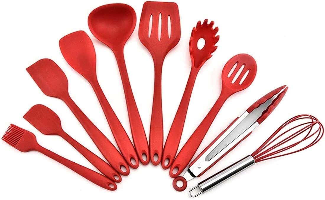 XUERUIGANG 10-Piece Non-Stick Silicone Kitchen Utensil Set - BPA-Free, Heat Resistant & Non-Slip Cooking Tools for Baking, Frying, Sauteing - Perfect for Home Chefs (Red)