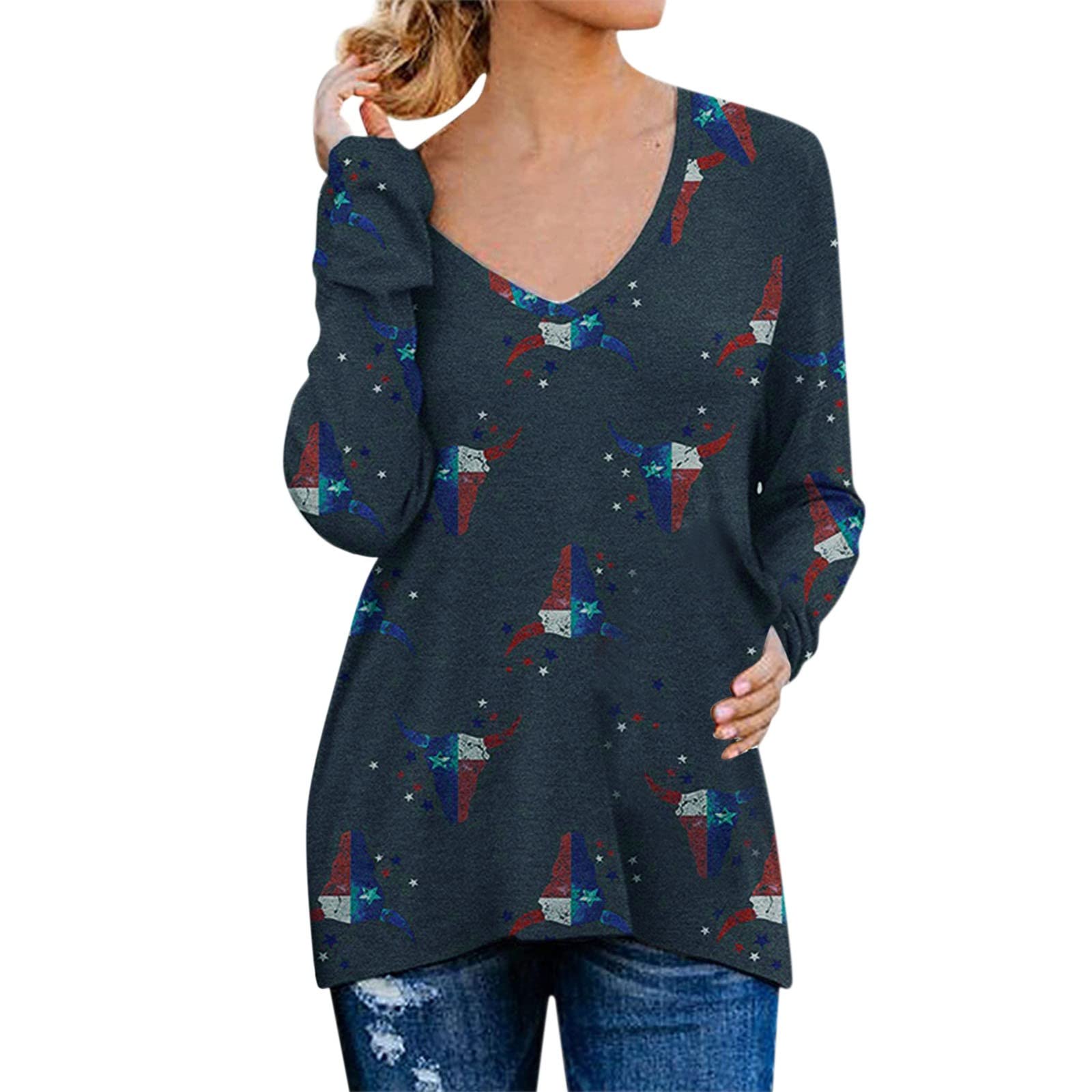 BEUU Women's Casual Snowflake Print Tunic Top - Soft V-Neck Pullover Blouse Long Sleeve Tee Shirt | Trendy Winter Fashion for Office, Date Night & Holiday Outfits