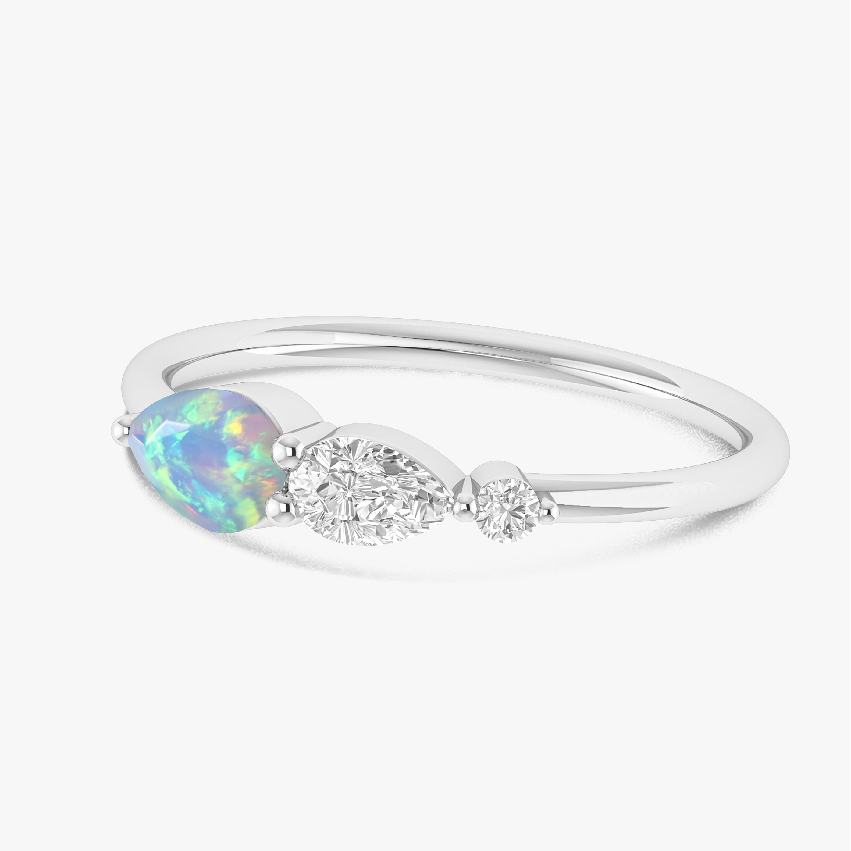 White Fire Opal Pear Three Stone Ring - Elegant Sterling Silver Jewelry for Women | Perfect for Weddings, Anniversaries & Special Occasions