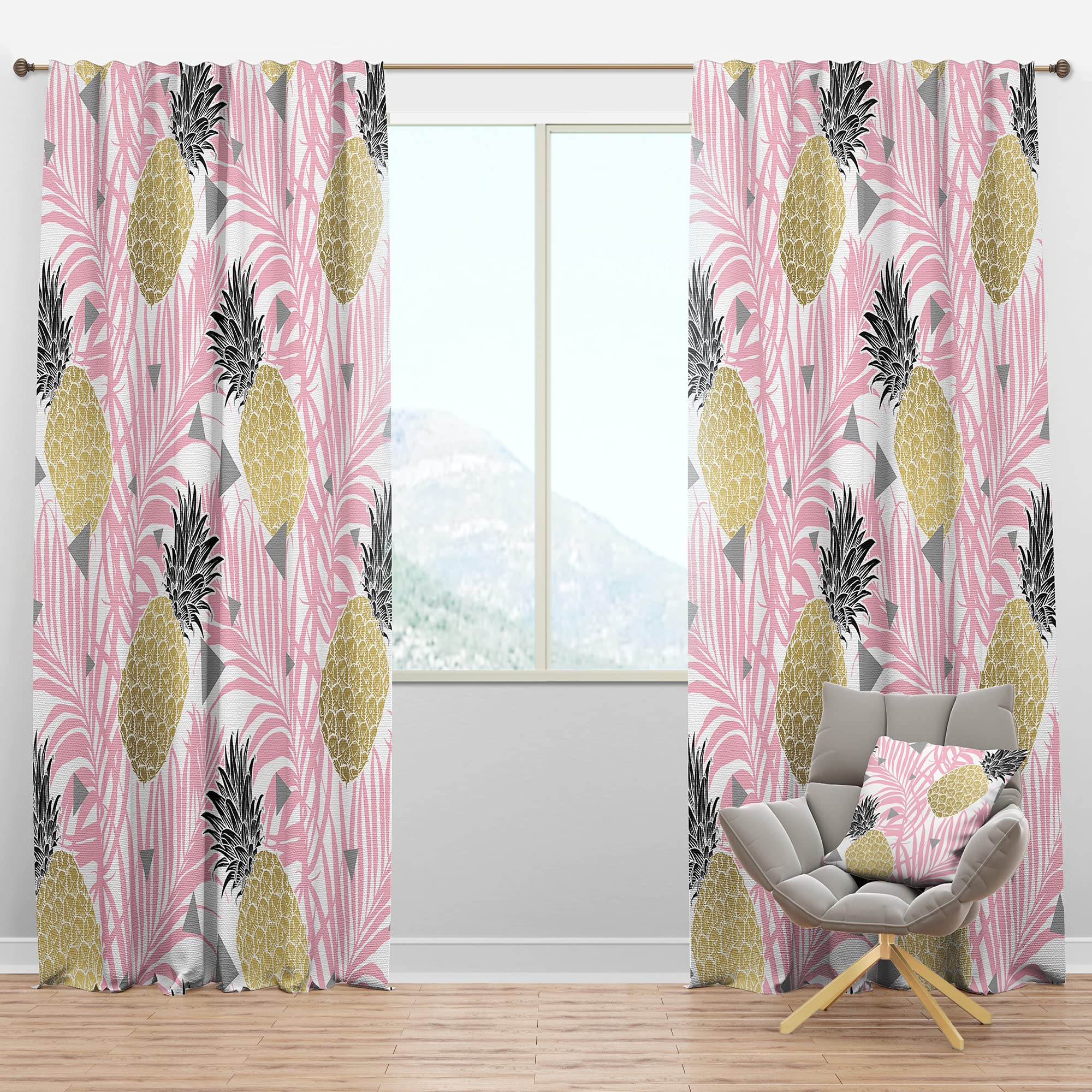 DesignQ Blackout Curtains 'Golden Pineapple Pink Leaves' - Thermal Insulated Single Panel (52x95 inches) for Bedroom & Living Room - Perfect for Light Blocking, Privacy & Temperature Control
