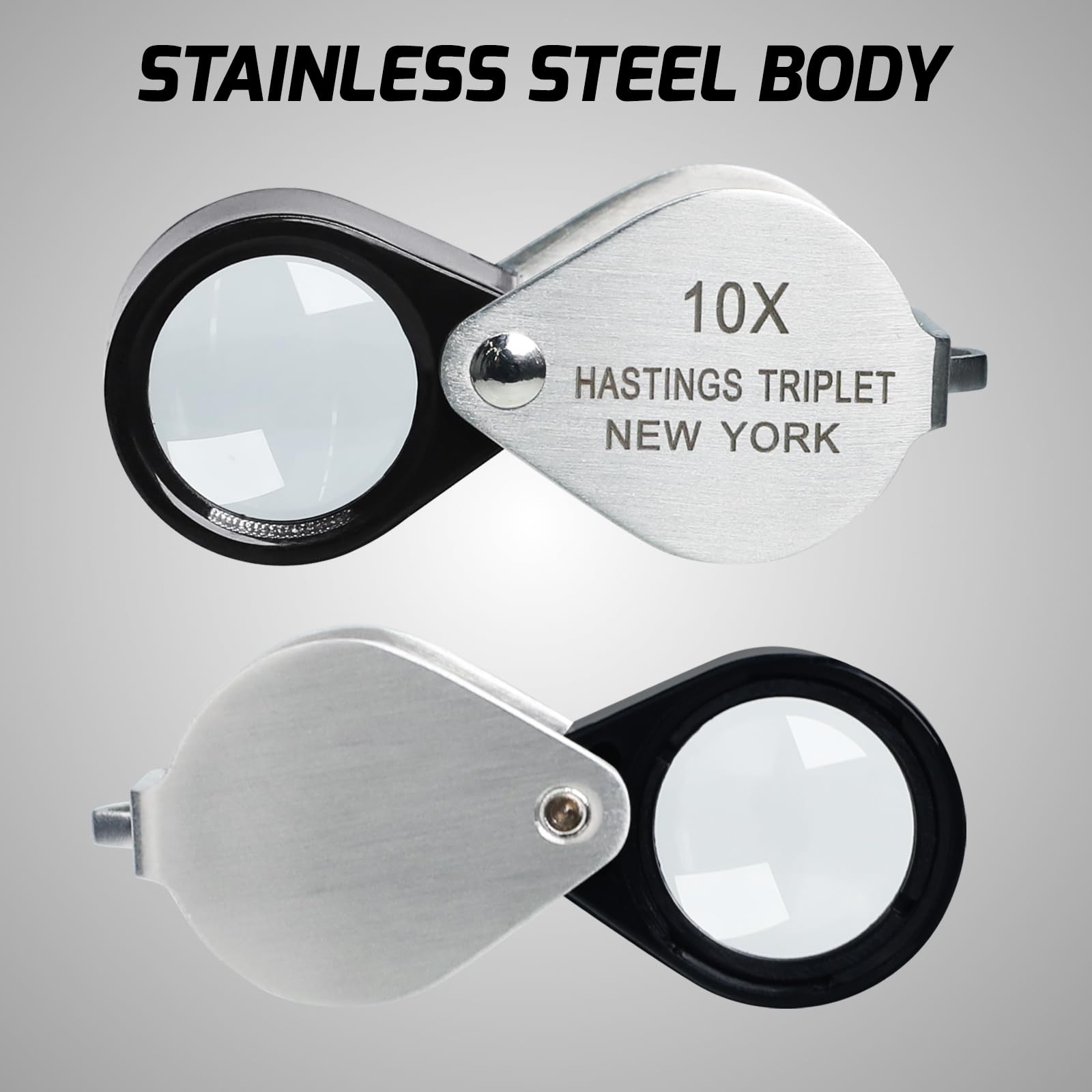 10X Hastings Triplet Loupe - 16mm Jewelers Magnifier with Foldable Design & Cloth Bag - Professional Gemstone, Diamond, Coin & Stamp Inspection Tool - Perfect for Jewelry Appraisal, Watch Repair & Collectible Authentication