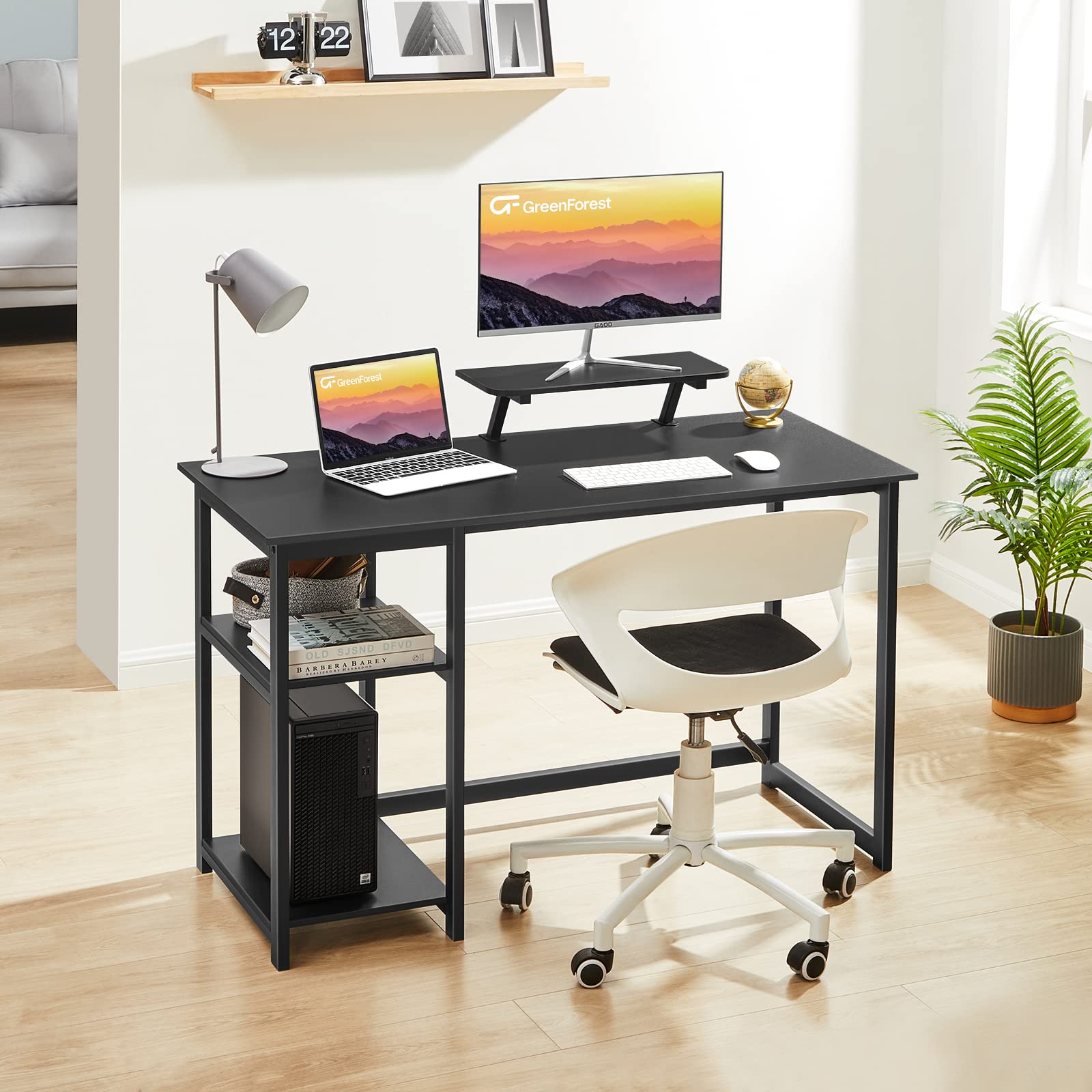 GreenForest 39 Inch Computer Desk with Monitor Stand - Adjustable Storage Shelves, Sturdy Office & Gaming Desk for Home, Work, Writing & Study - Perfect for Small Spaces & Ergonomic Setup (Black)