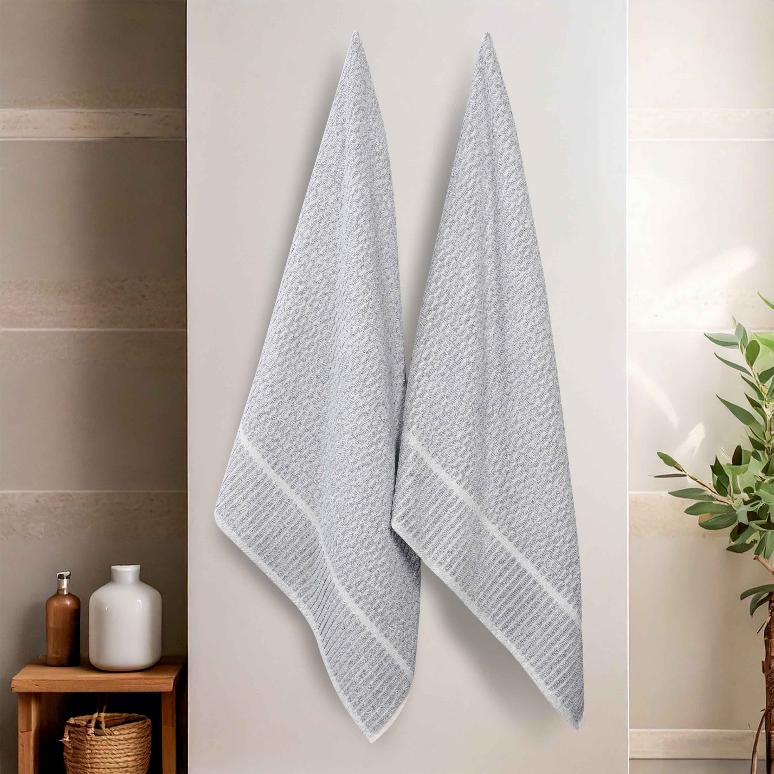Premium Juno Cotton Blend Medium Weight Checkered Border Bath Towels - Ultra Absorbent & Soft, Set of 2 - Perfect for Spa, Bathroom & Luxury Home Use