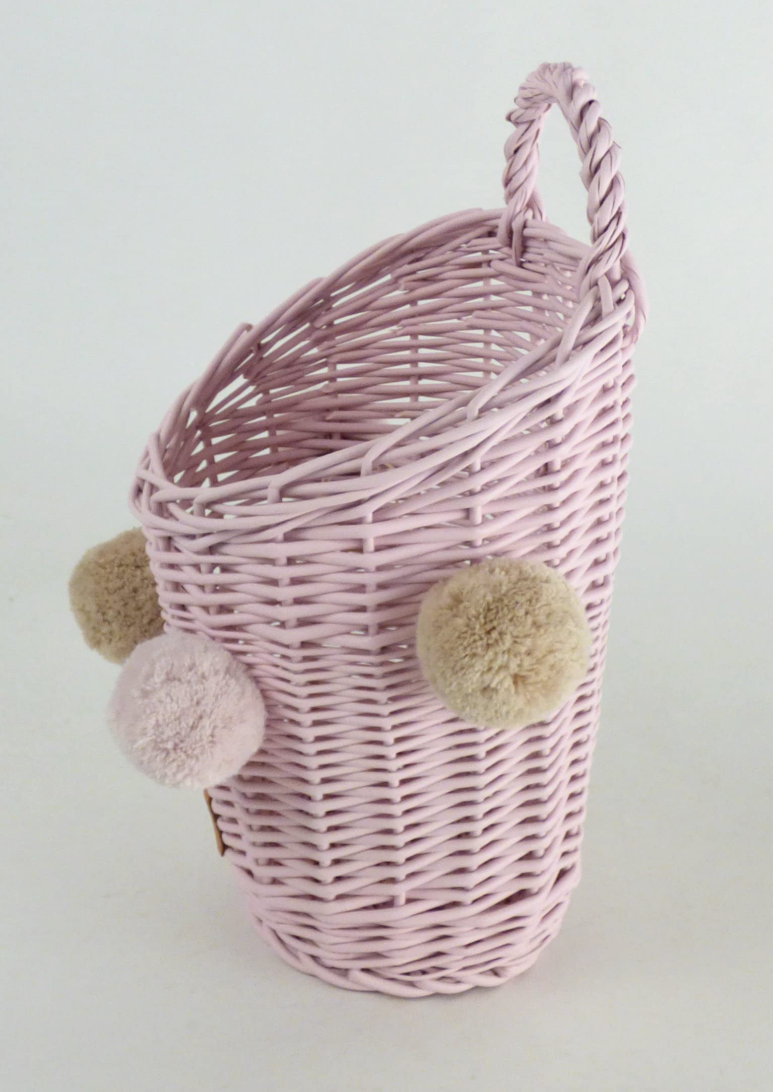 Handmade European Rattan Hanging Wall Basket with Pompoms - Decorative Wicker Storage for Nursery, Kitchen & Bathroom - Pink Boho Wall Decor for Baby Room, Farmhouse Style Home Organization