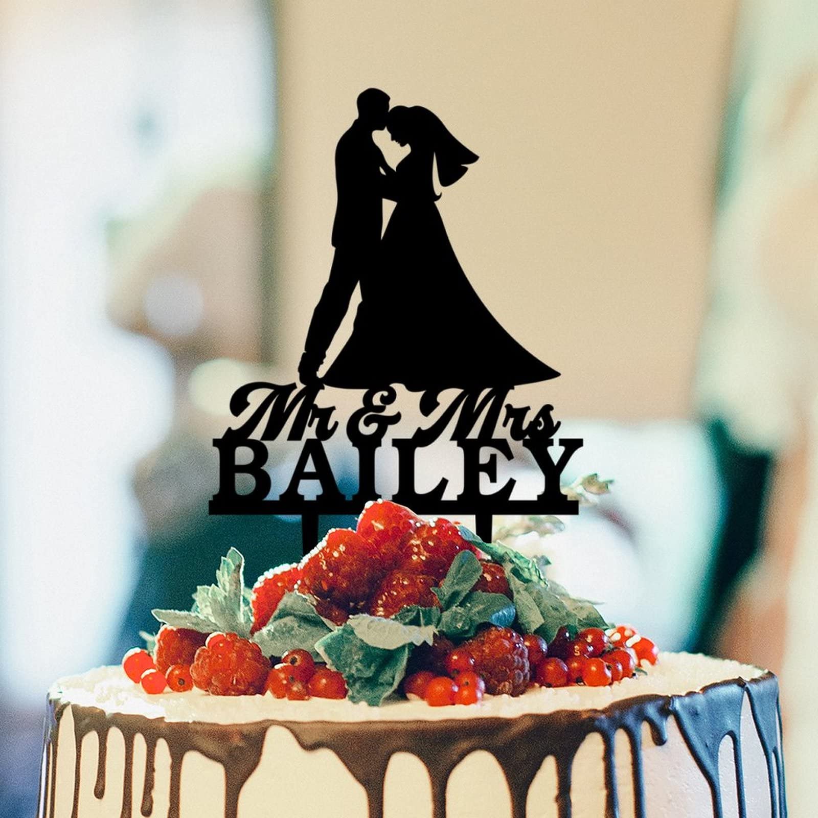 Personalized Mr & Mrs Wedding Cake Toppers - Kissing Couple Silhouette Acrylic Black Cake Topper for Engagement & Wedding Decorations | Perfect for Wedding Cakes, Anniversary Cakes & Bridal Showers
