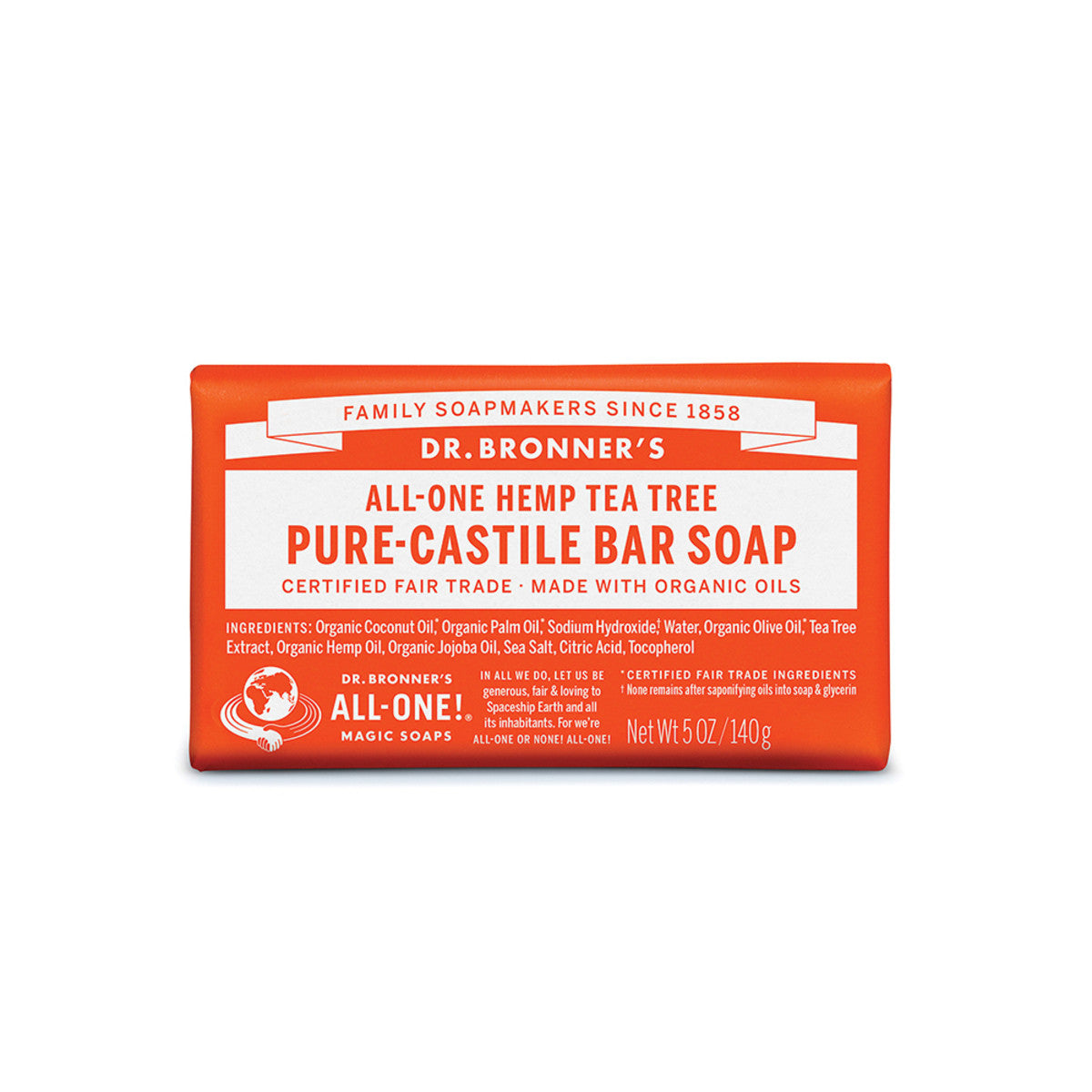 Dr. Bronner's Tea Tree Pure Castile Bar Soap with Hemp Oil - 140g All-in-One Cleanser | Perfect for Face, Body & Hair Care - Vegan & Organic