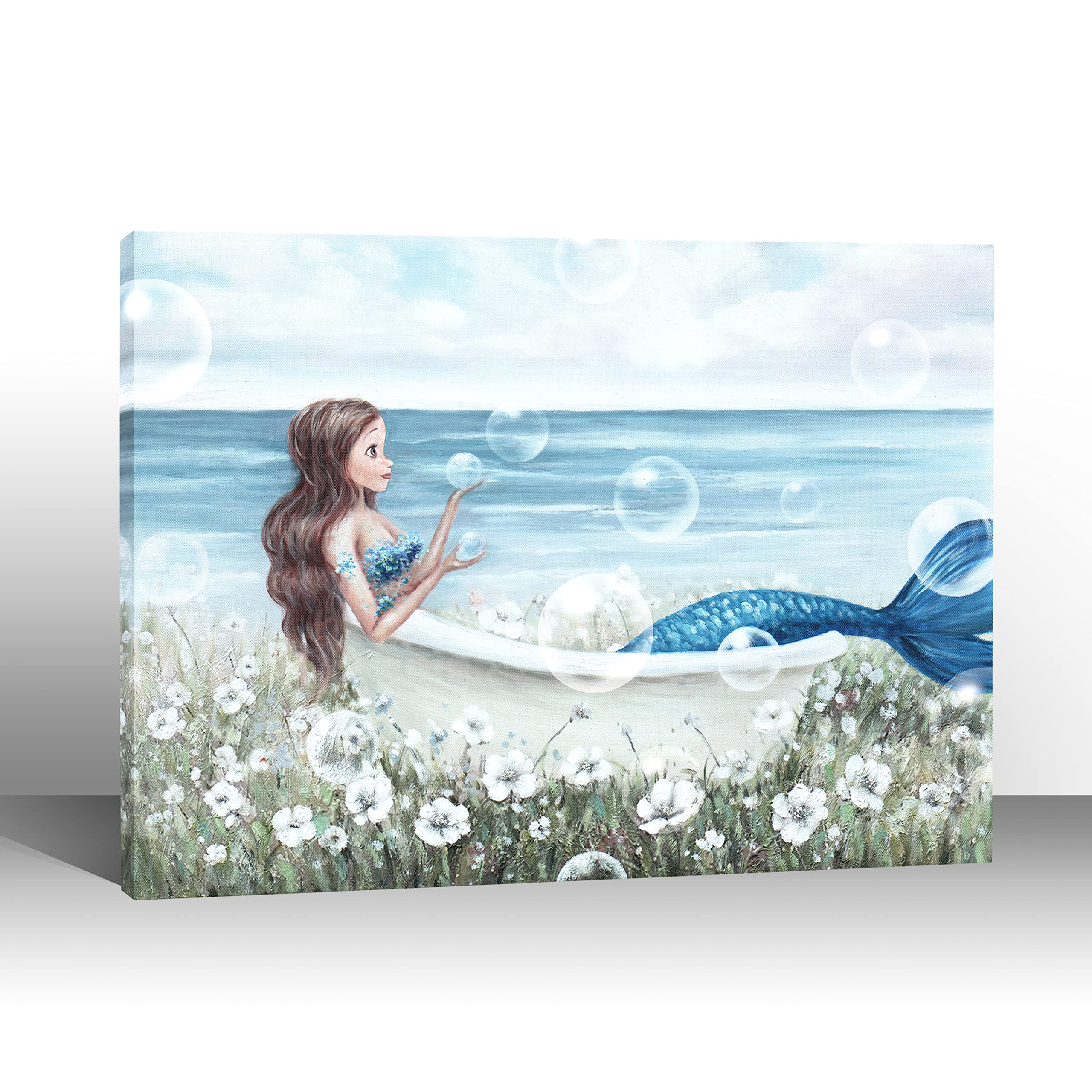 Mermaid Wall Art Print - Beach Themed Canvas Painting for Bathroom, Bedroom, Kitchen & Living Room Decor - 12x16 Inch Ready to Hang Framed Picture - Perfect for Coastal, Nautical & Beach House Interior Design