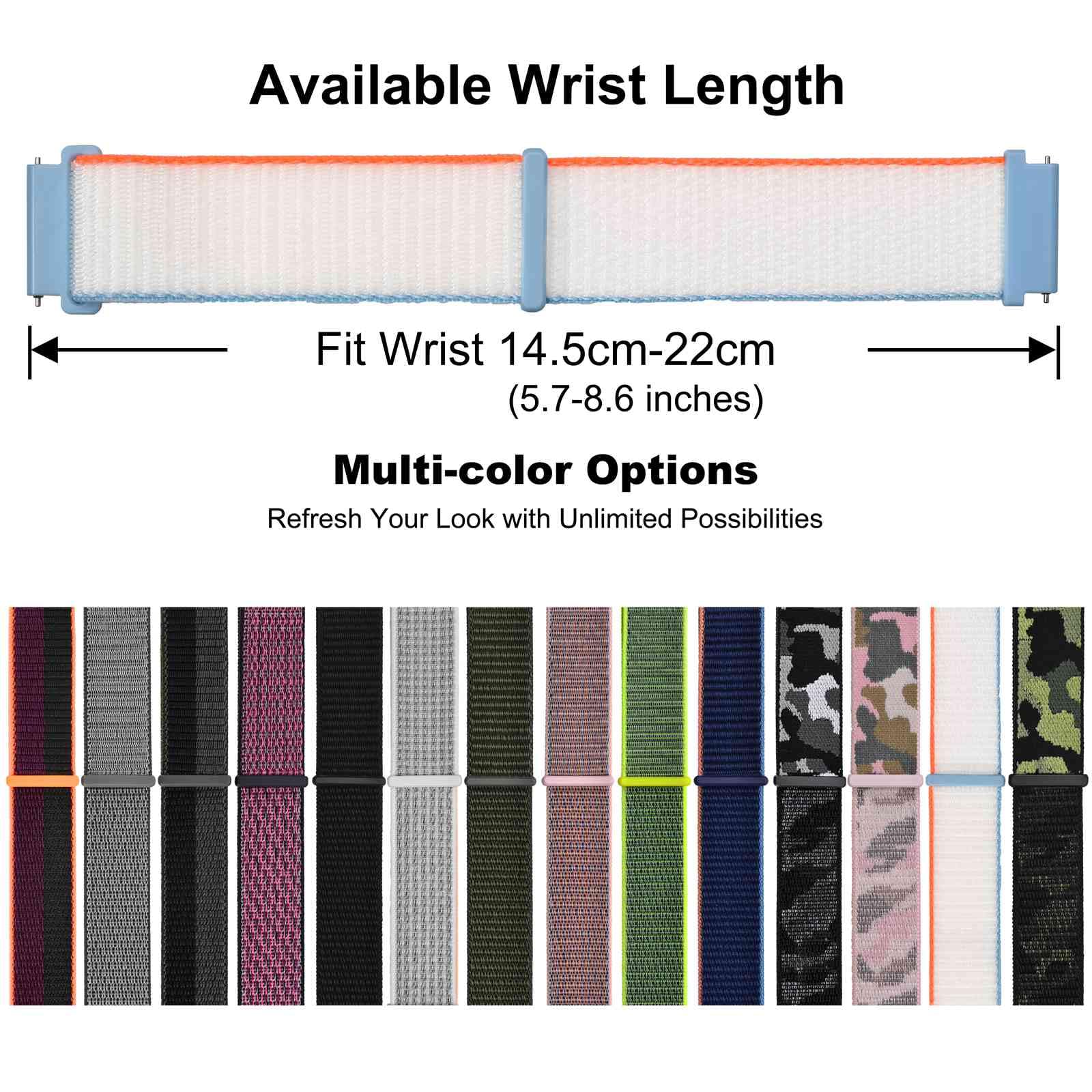 WOCCI 20mm Adjustable Nylon Watch Band - Quick Release Sport Loop Strap for Apple Watch & Samsung Galaxy (White) - Perfect for Running, Swimming & Everyday Wear