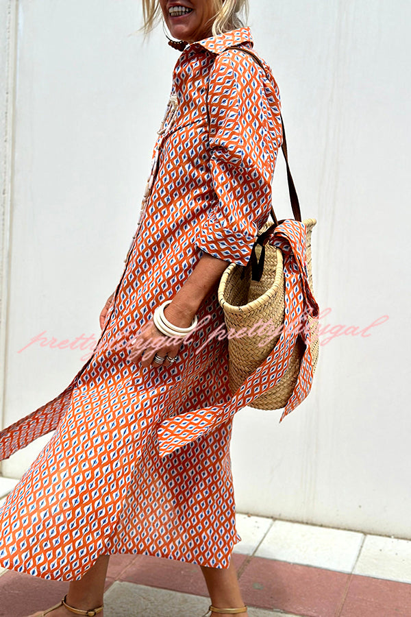 Summer Splendor Printed Button Half Sleeve Belt Loose Shirt Midi Dress - Flowy Boho Chic Outfit for Beach Vacation, Date Night & Casual Wear