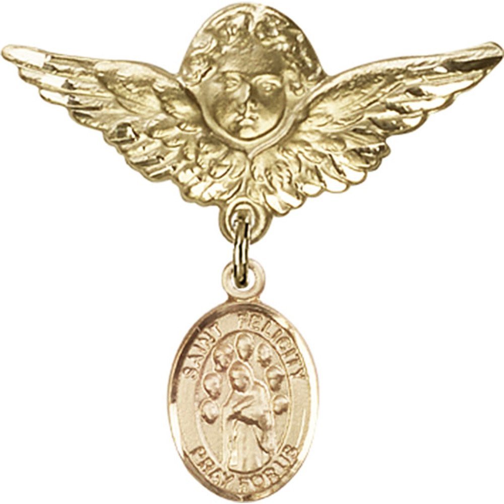 St. Felicity Gold Filled Baby Badge Pin with Angel Wings Charm - 1 1/8 X 1 1/8 Inch Religious Jewelry for Baptism, Christening & First Communion Gifts