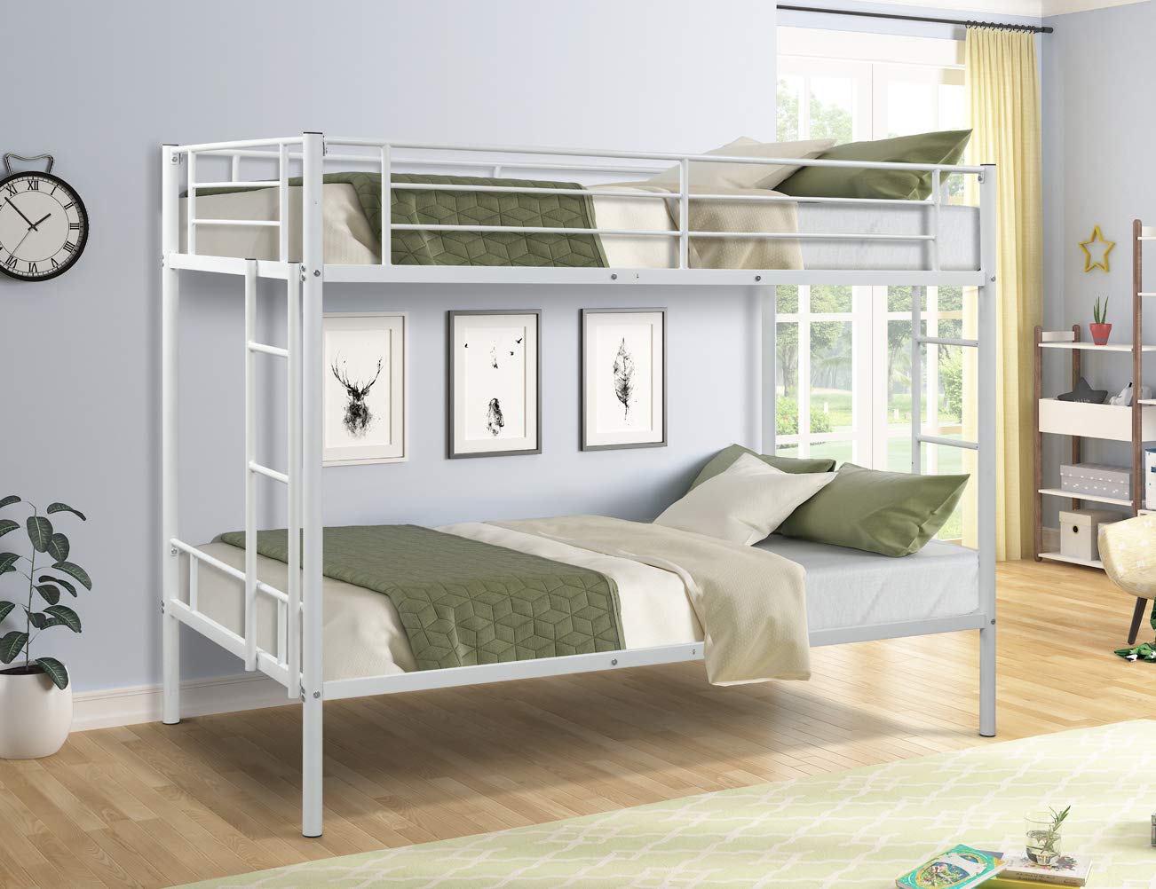 Modern Metal Twin Over Twin Bunk Bed with Dual Ladders - Sturdy Metal Frame with Reinforced Slats & Full-Length Safety Rails for Kids, Teens & Adults - Perfect for Bedrooms, Dorms & Small Spaces (White)