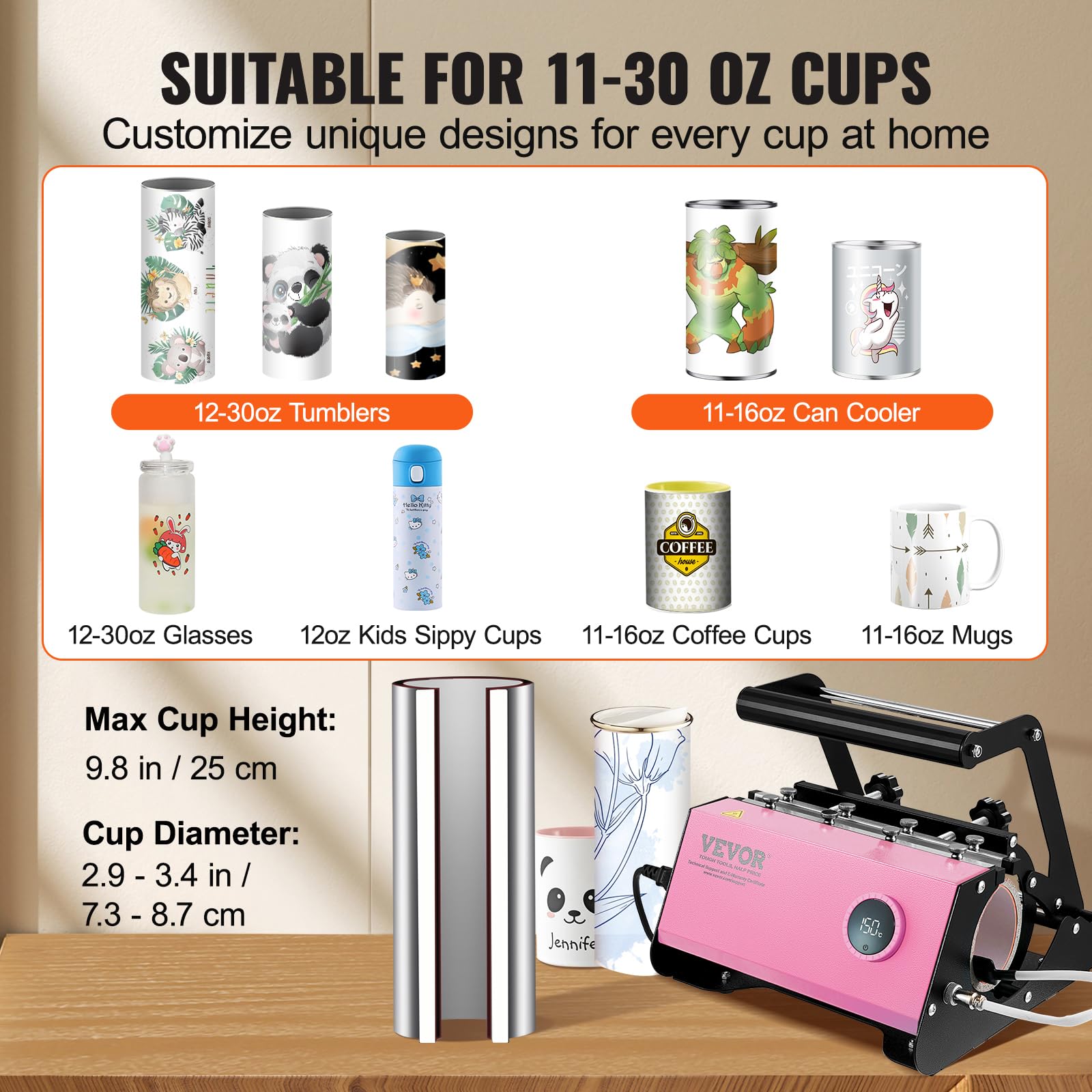 VEVOR Tumbler Heat Press Machine for 11-16oz & 20-30OZ Sublimation Tumblers - Digital Temperature Control & Timer - Includes Heat Tape & Gloves - Perfect for DIY Custom Mugs & Personalized Drinkware Gifts