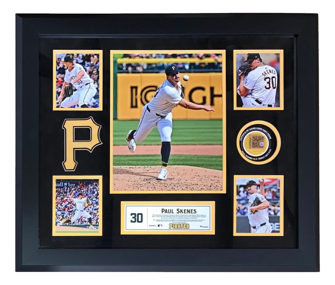 Paul Skenes Framed Pittsburgh Pirates MLB Debut Collage with Authentic Game-Used Dirt - Perfect for Baseball Fans, Sports Memorabilia Collectors, and Home/Office Decor