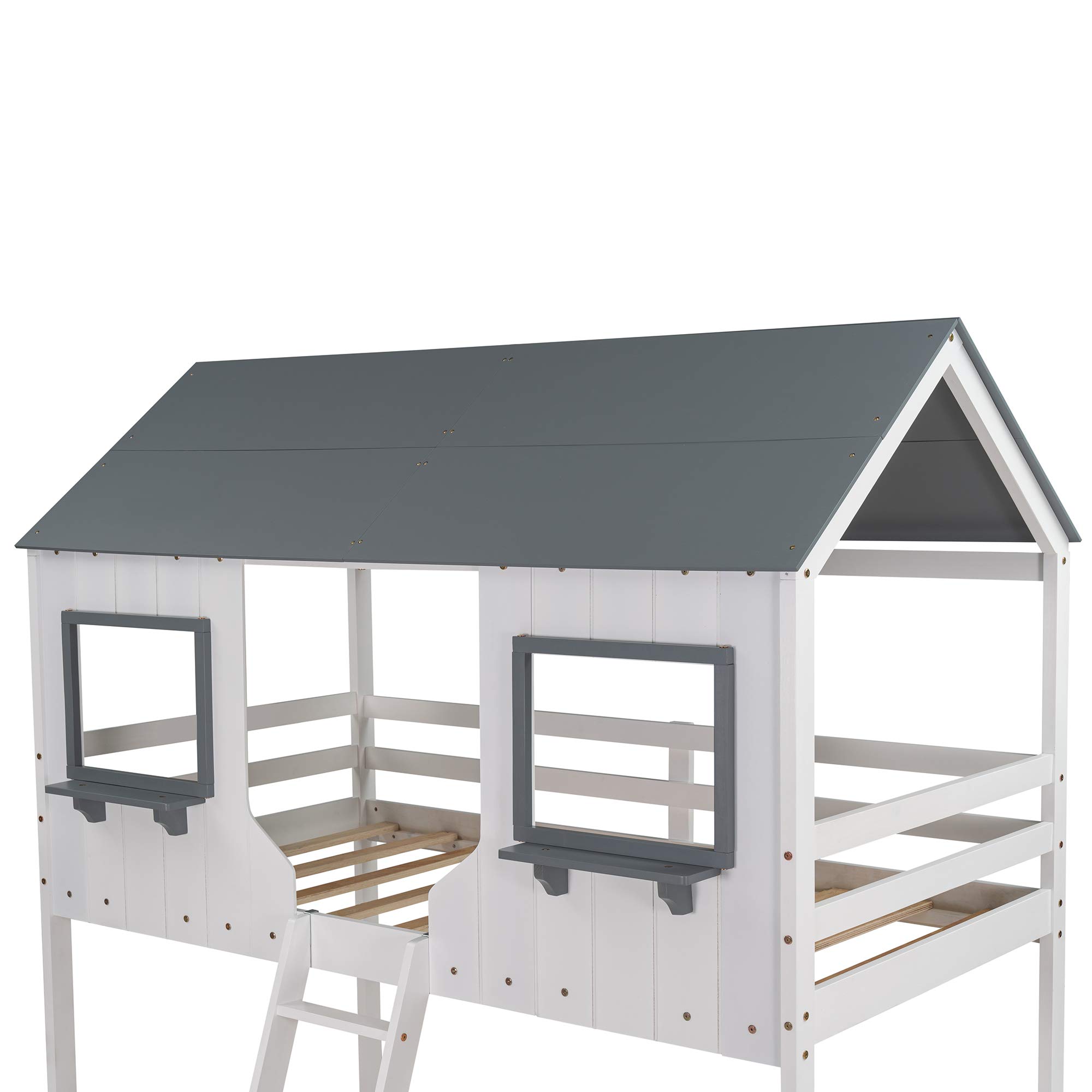 Danxee Twin Over Twin Wooden Bunk Beds with Playhouse Roof, Safety Guardrail & Ladder - Kids Bunk Bed for Boys & Girls - Easy Assembly (White) - Perfect for Bedrooms, Playrooms & Small Spaces