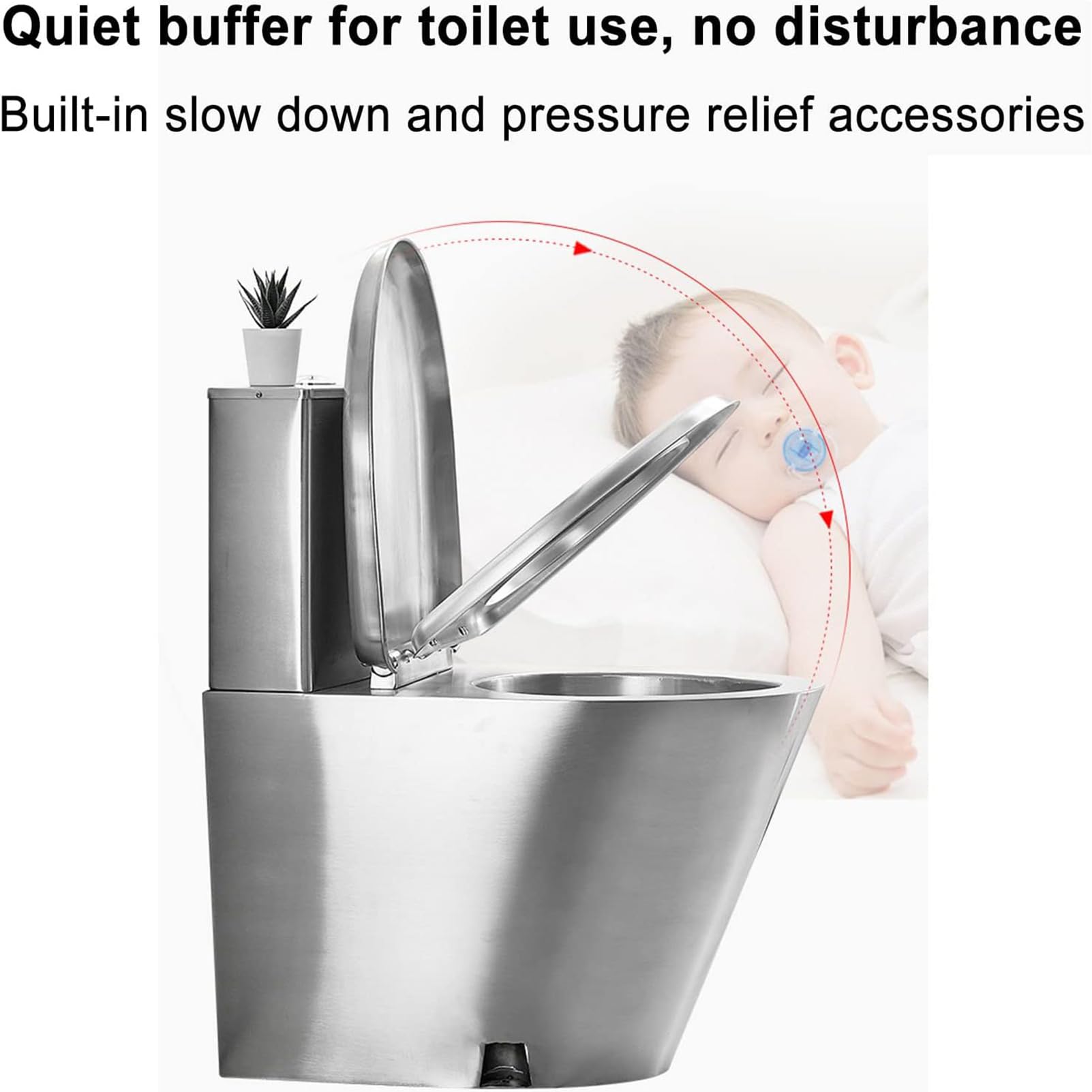304 Stainless Steel Commercial Toilet - High Efficiency Water Saving One-Piece Toilet with Dual Flush & Soft Close, Silver Glossy Finish for Restaurants, Hotels, and Public Restrooms