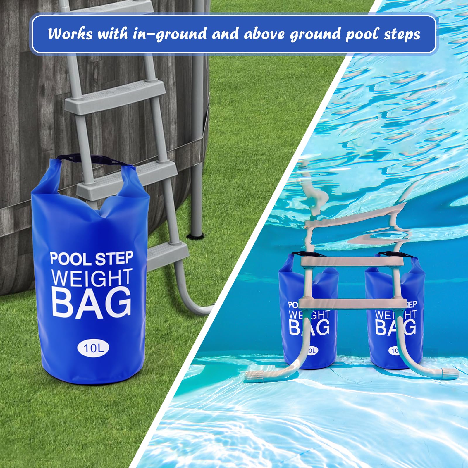 2 Pack Universal Pool Step Weights - 250D PVC Waterproof Swimming Pool Ladder Weights 10L, Durable Above Ground Pool Ladder Sand Bags for Stability, Foldable Pool Stair Weights for Easy Storage - Perfect for Inground & Above Ground Pools (Blue) - Use for Securing Pool Ladders, Preventing Floating & Enhancing Safety During Swimming