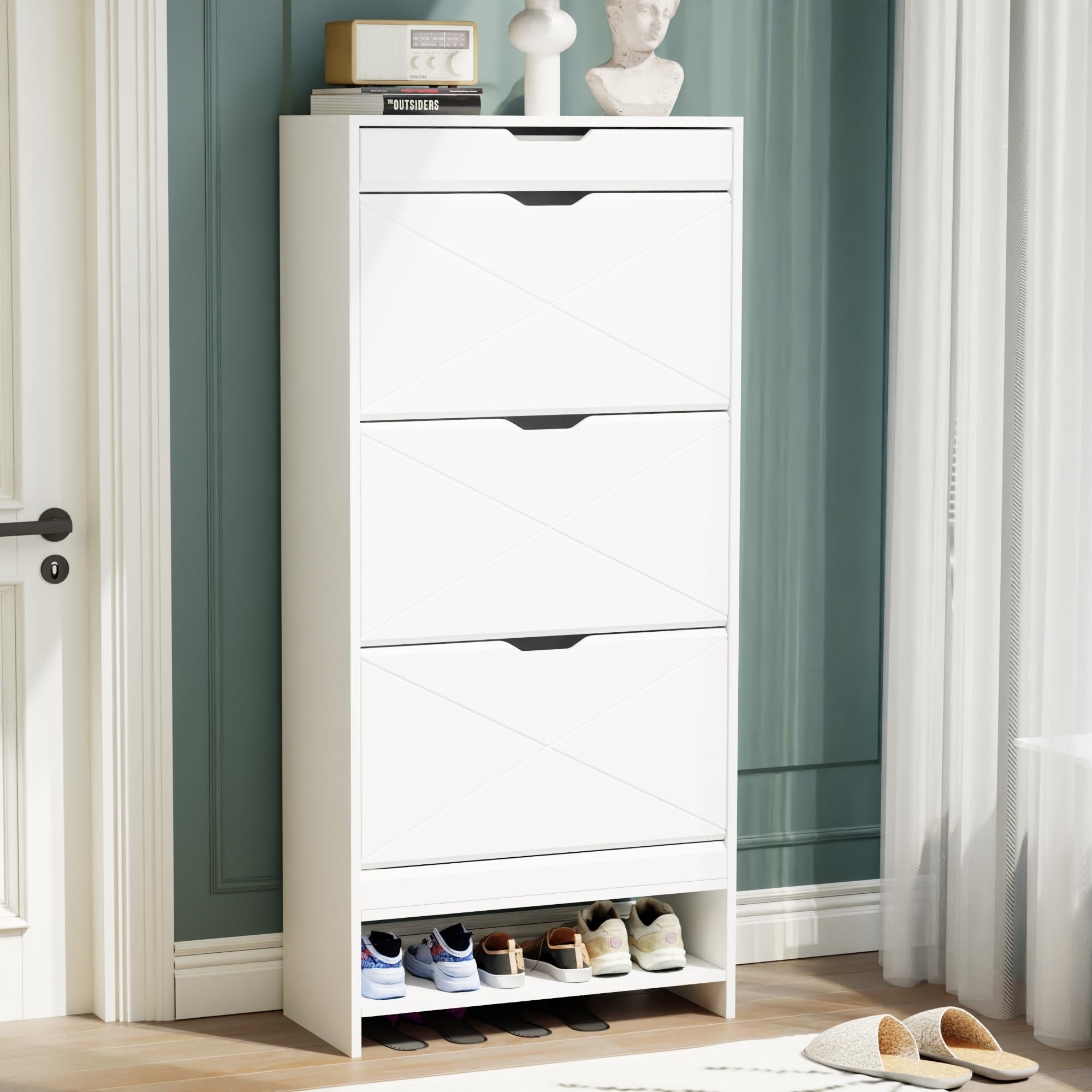 Wooden Hidden Shoe Cabinet with 3 Flip Drawers & Storage Drawer - Freestanding Shoe Organizer for Entryway, Hallway, Living Room - White & Walnut Finish - Perfect for Small Space Organization & Home Décor