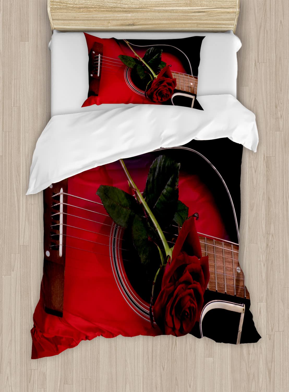 Ambesonne Abstract Duvet Cover Set - Spanish Musician Portugal Handmade Guitar with Romantic Rose Theme, 2-Piece Twin Size Bedding Set (2 Duvet Covers + 2 Pillowcases) in White Ruby | Perfect for Bohemian Bedroom Decor & Gift for Music Lovers