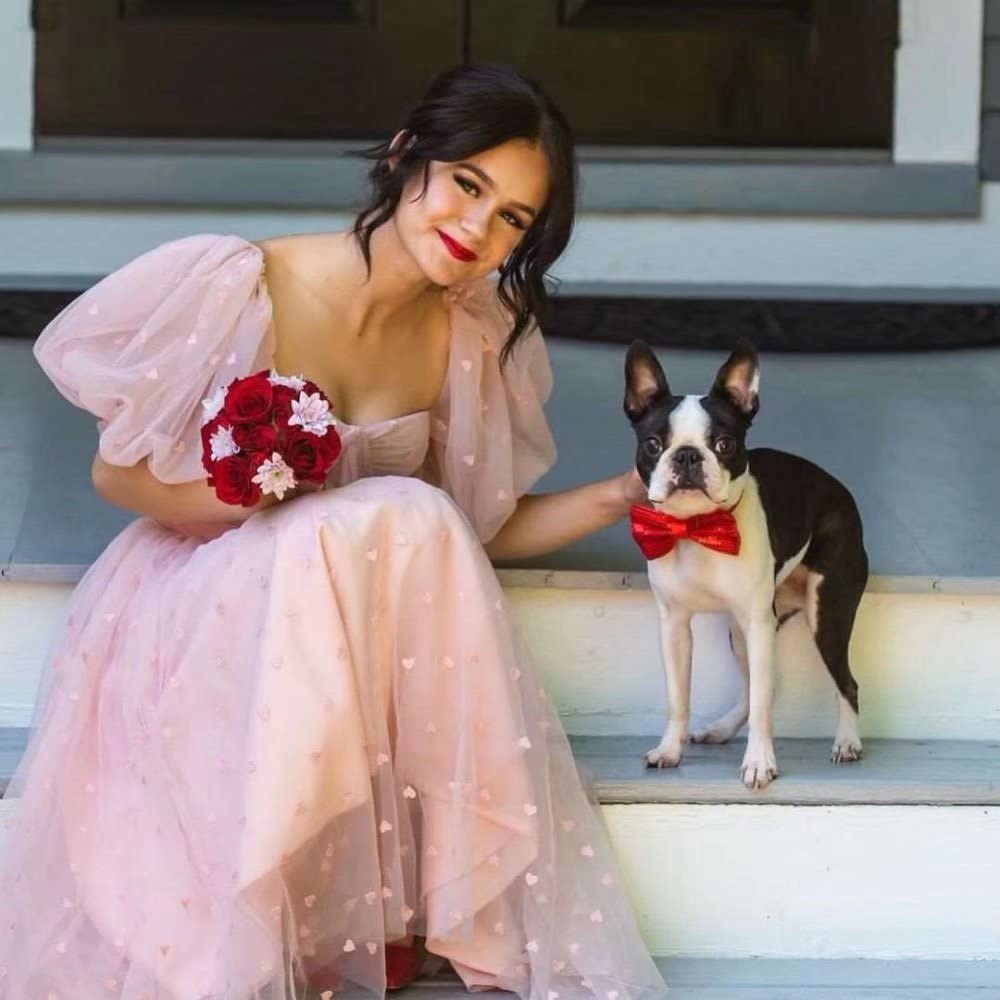 UZN Floral Embroidery Puffy Sleeve Prom Dress - Tea Length Tulle Formal Gown with Pleated Skirt for Evening Party, Homecoming, Wedding Guest & Special Occasions