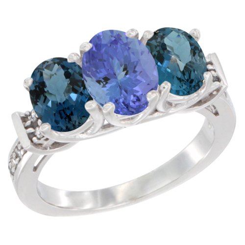 14K White Gold Natural Tanzanite & London Blue Topaz Three-Stone Ring with Oval Diamond Accents - Sizes 5-10 | Elegant Engagement, Anniversary & Gift Jewelry for Women
