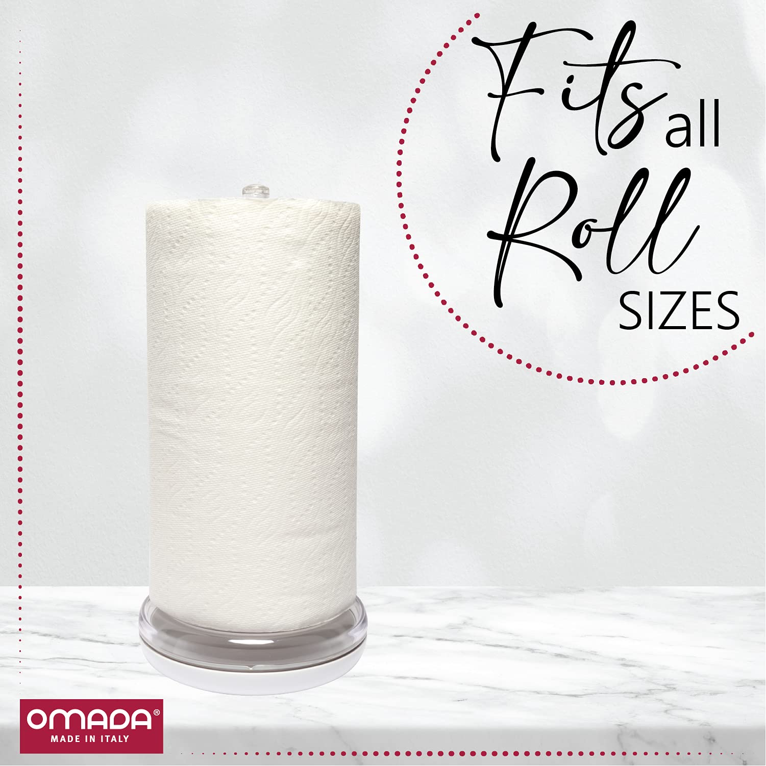 Omada Acrylic Paper Towel Holder - Clear Countertop Stand with White Base - Modern Kitchen Roll Dispenser for Bathroom & Office Use
