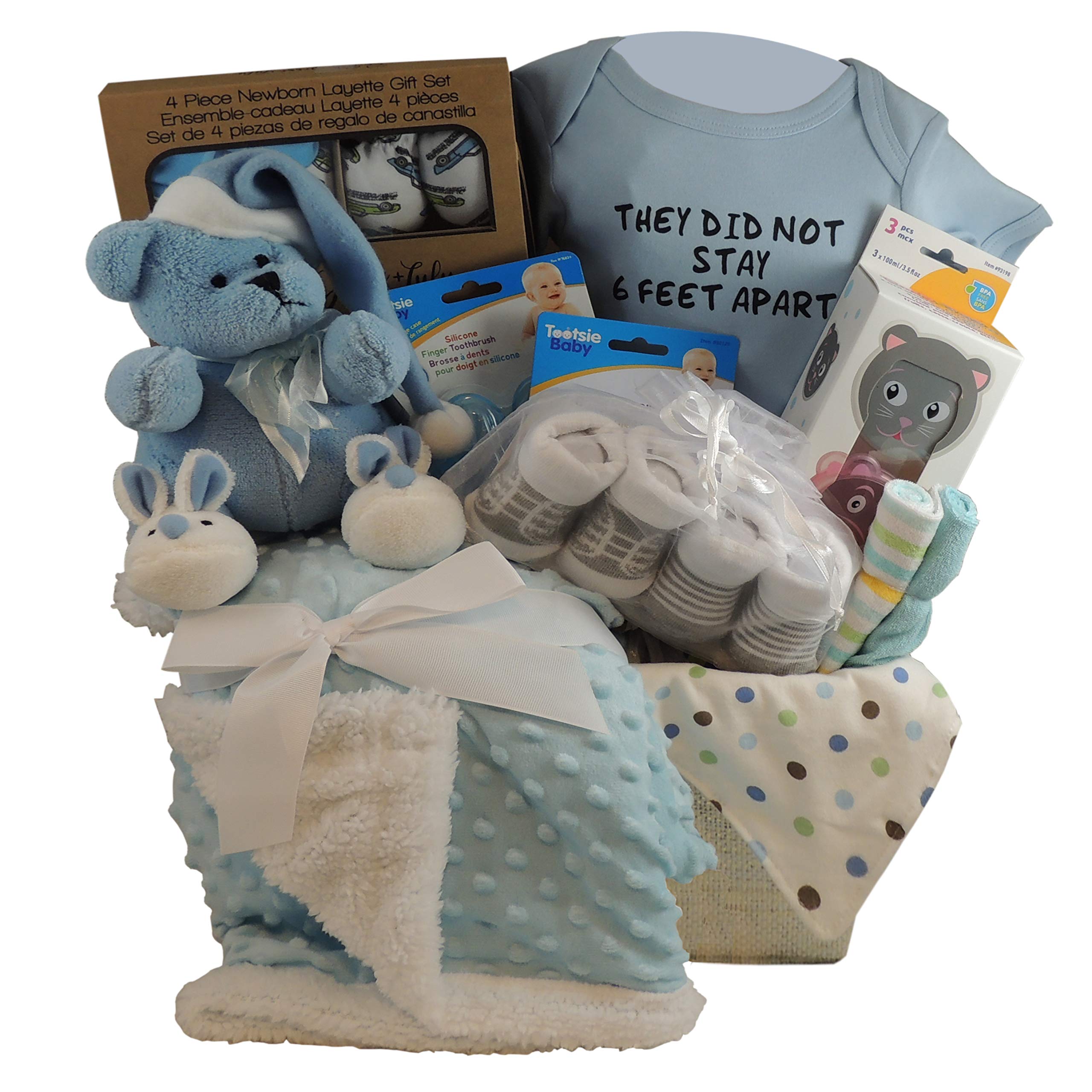 Baby Boy Gift Basket - Blue Bear, Sherpa Blanket, 3-Piece Snack Containers & 5-Piece Layette Set | Newborn Baby Shower Gift, First Birthday Present & Welcome Home Gift for Boys