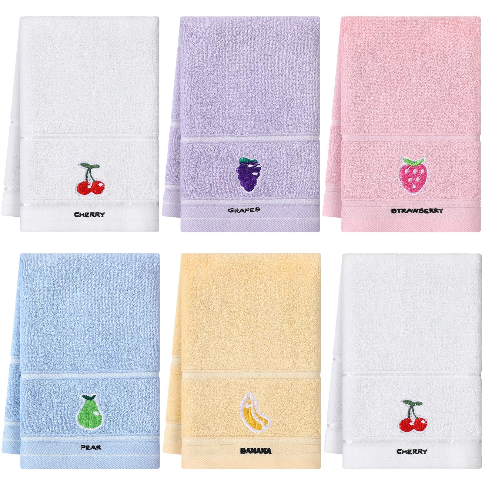 Geyoga 6-Piece Soft Absorbent Cotton Embroidery Hand Towels Set - Pastel Fruit & Animal Designs for Kitchen, Bathroom, Dish & Body Use - Perfect Christmas Home Decor Gift
