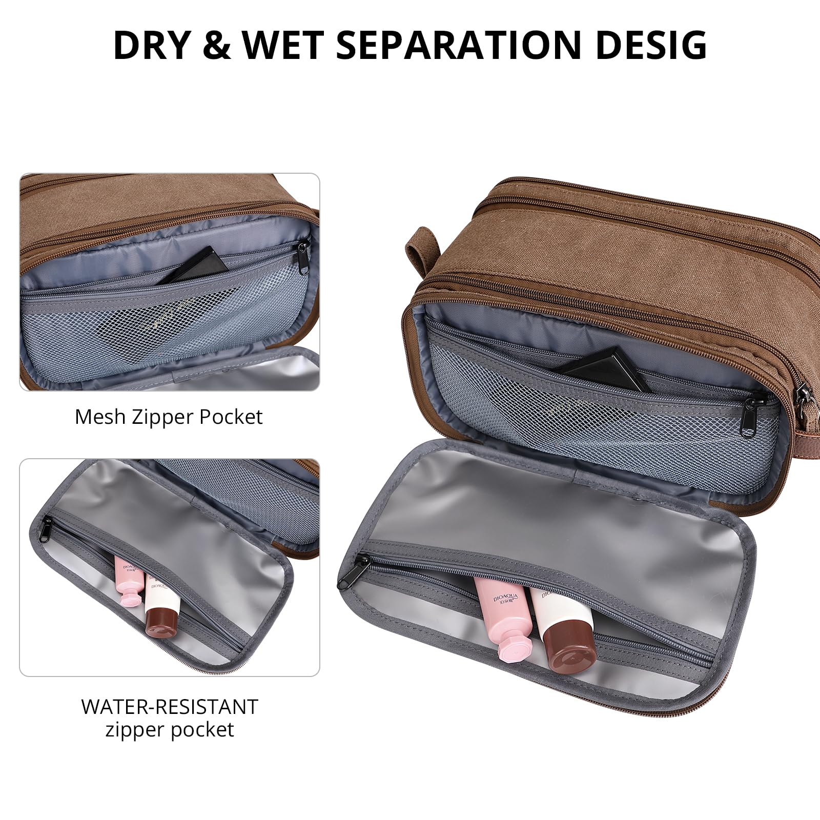 WITZMAN Large Canvas Toiletry Bag for Men - Waterproof Hanging Dopp Kit with Leather Trim, Spacious Travel Bathroom Organizer (Brown A8002) - Perfect for Gym, Camping & Business Trips