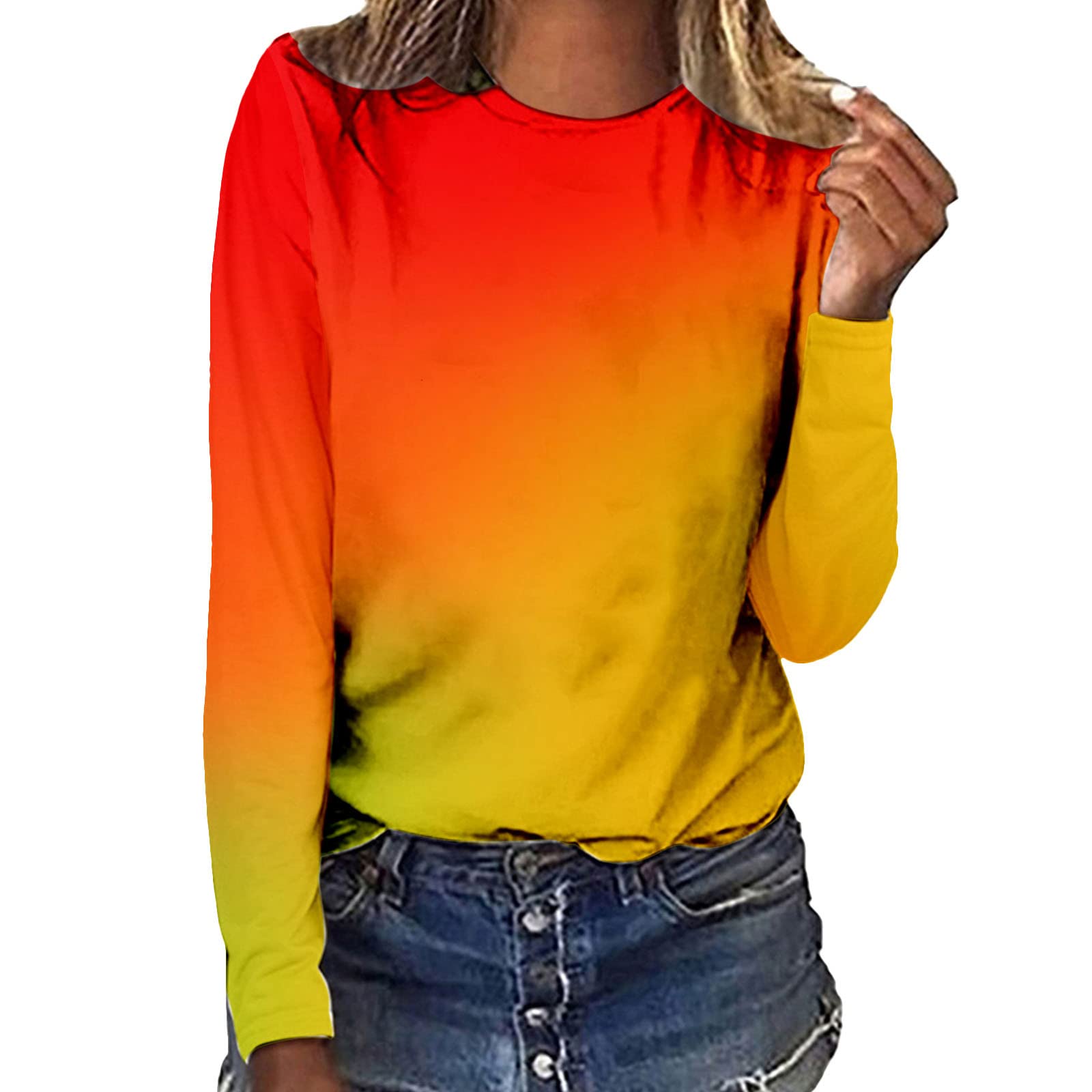 Women's Summer Casual Round Neck Gradient Printed Long Sleeve T-Shirt - Breathable Fashion Top for Outdoor Activities, Travel & Daily Wear