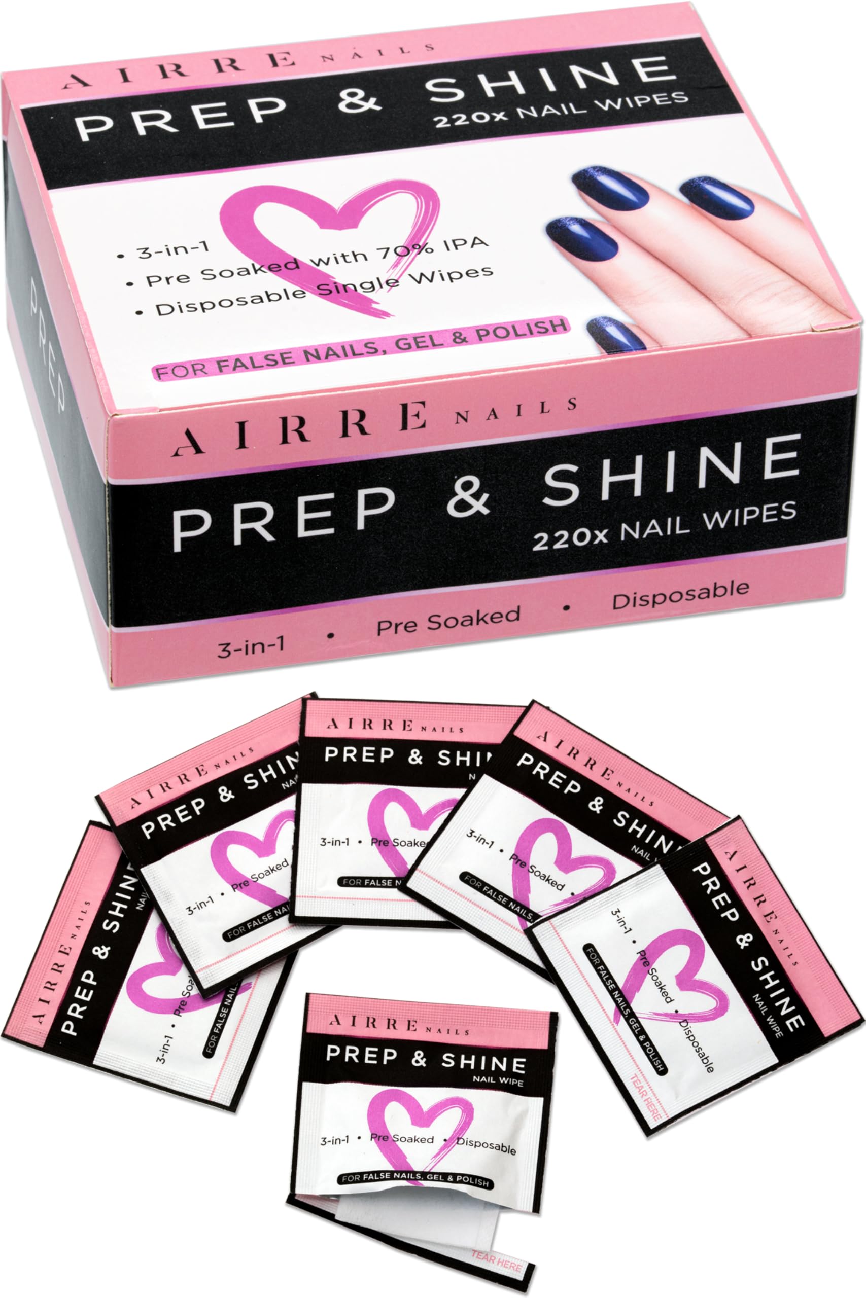 AIRRE 220 Professional Alcohol Prep & Shine Nail Wipes (3-in-1) - 100 Count Disinfecting Wipes for Gel, Acrylic & Press-On Nails - Remove Sticky Residue, Prep for UV/LED Polish & False Nails - Perfect for Salon, Home Manicure & Nail Art Application