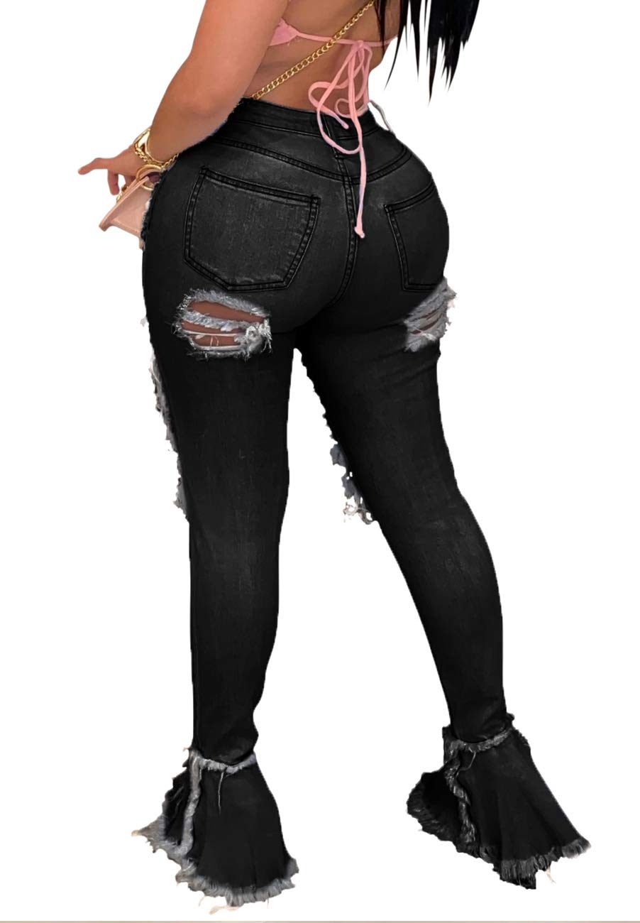 Women's High Waisted Bell Bottom Jeans - Distressed Ripped Flare Denim Pants with Elastic Waist & Raw Hem | Retro 70s Vintage Style for Casual Outfits, Music Festivals and Boho Fashion