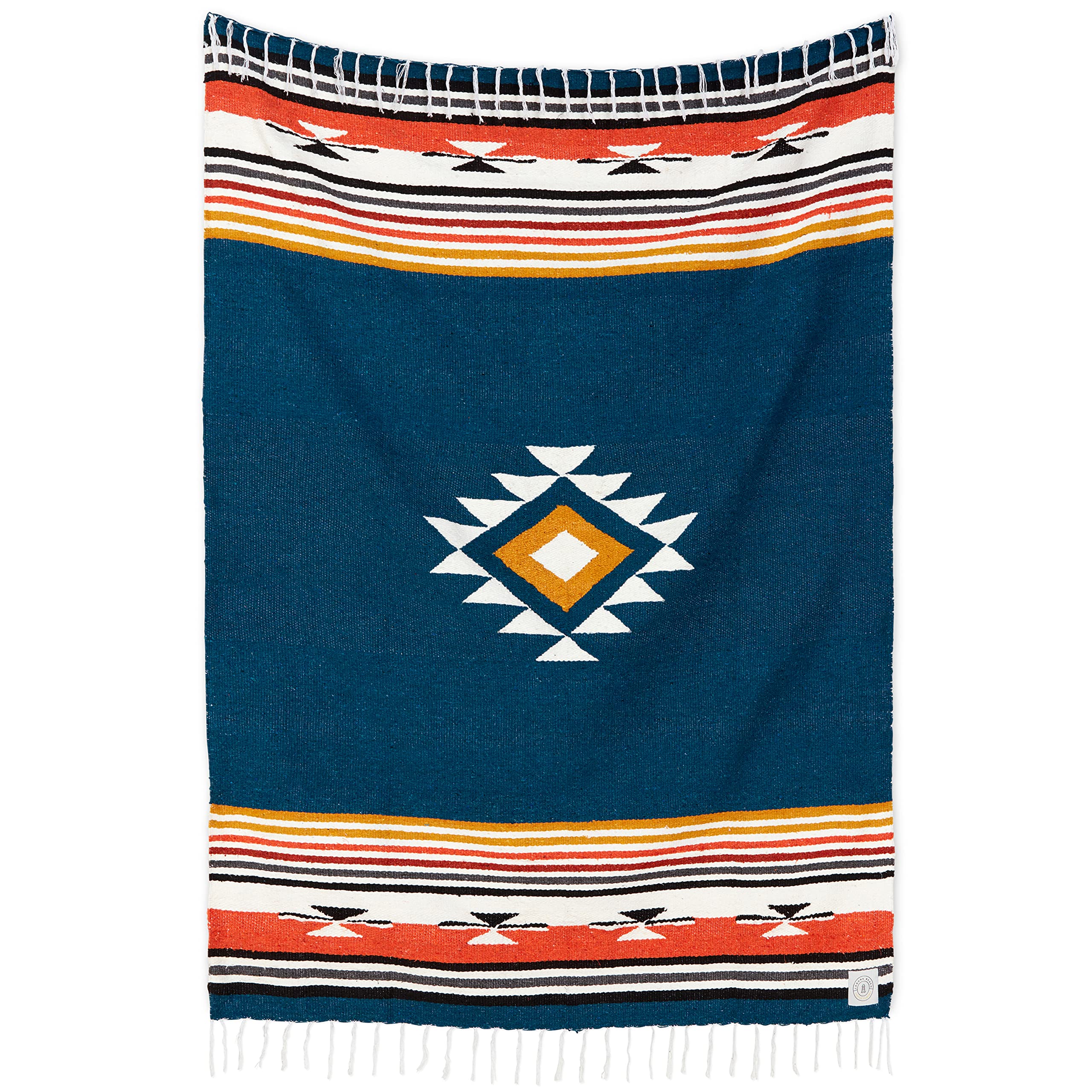 Blue and Tan Mexican Blanket by Laguna Beach Textile Co | Handwoven Serape Throw for Beach, Yoga, Camping & Home Decor | Traditional Baja Blanket in Navy | Perfect for Picnics, Sofa Accents & Outdoor Adventures