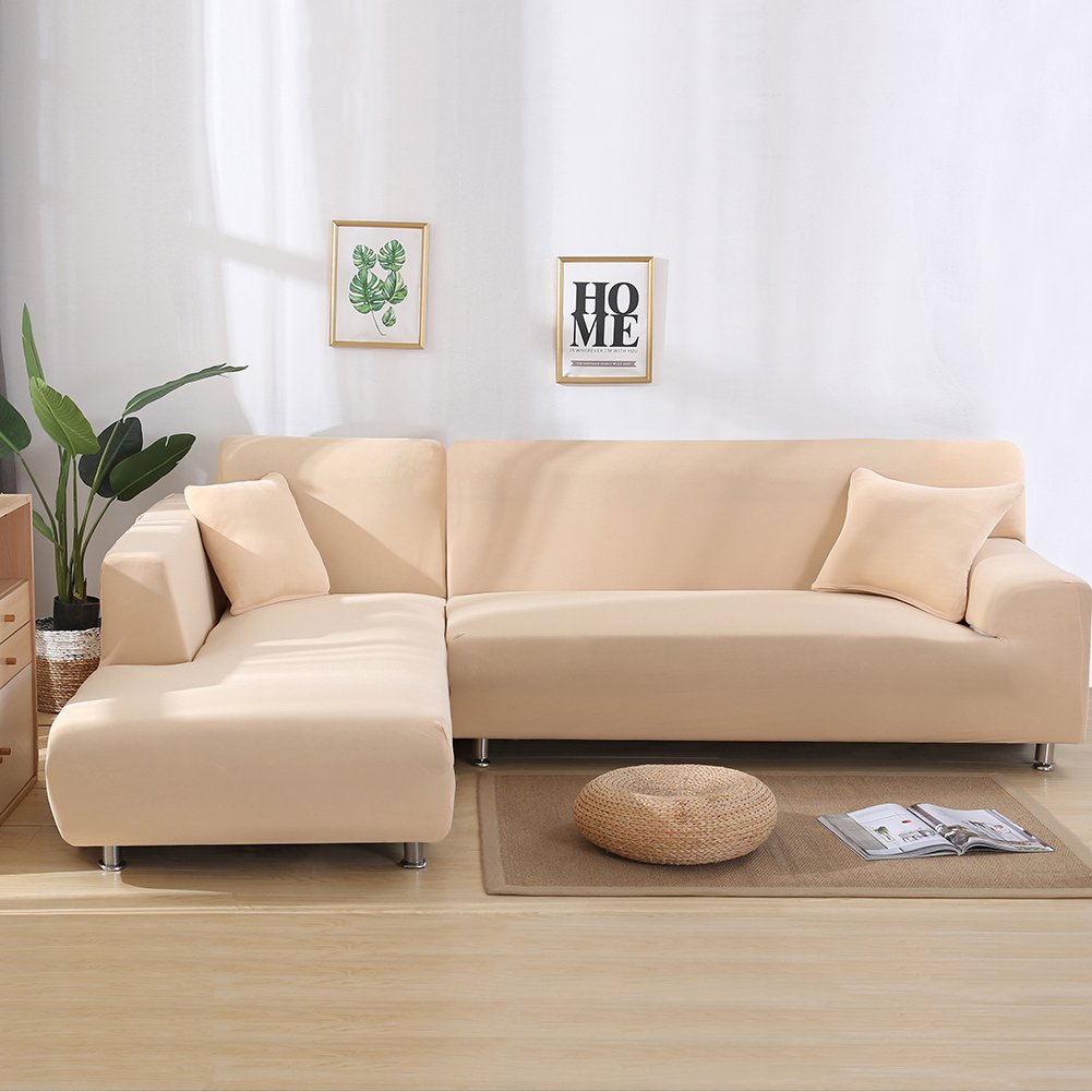MIFXIN L-Shaped Sectional Sofa Covers 2-Piece Set - Stretchable Soft Slipcovers for Furniture Protection - Fits Living Room Sectional Couches & Chaises - Beige - Perfect for Pet Owners & Family Gatherings