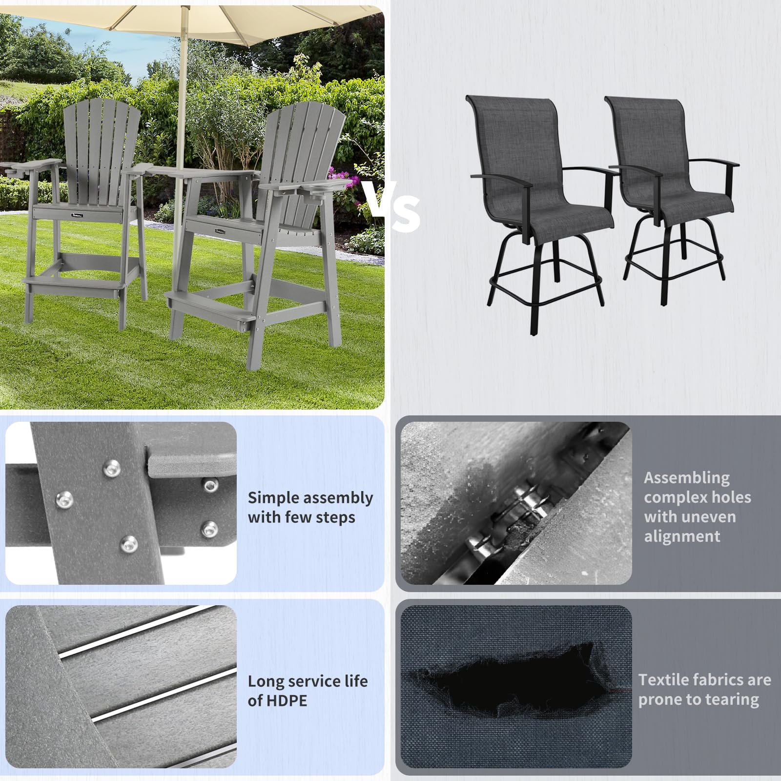 FUNBERRY 2-Piece Tall Adirondack Chair Set with Connecting Tray & Cup Holders - High Top Resin Outdoor Bar Stools, Durable High Back Balcony Chairs - Perfect for Poolside, Patio, Beach & Backyard Relaxation