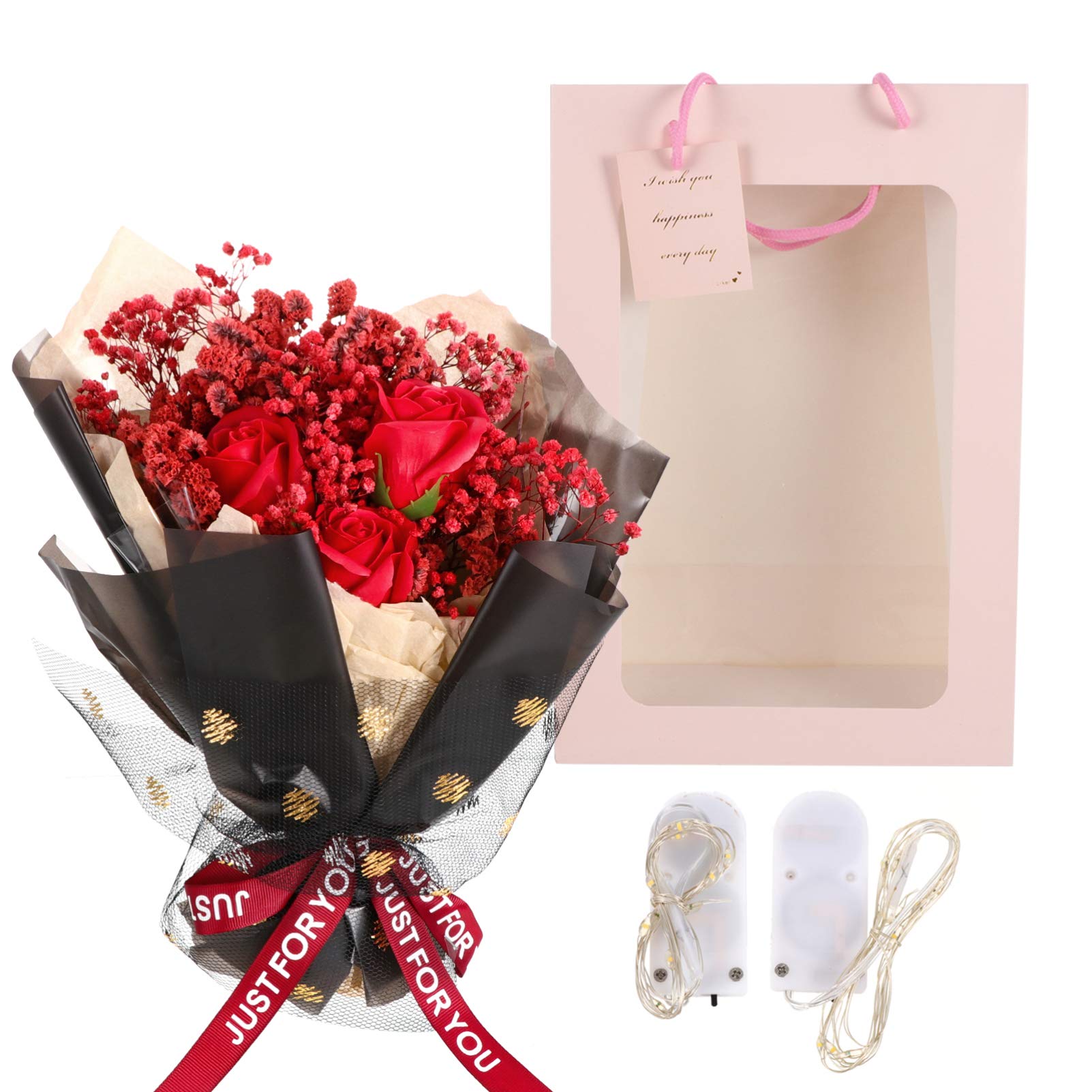 WINOMO Rose Gift Box - Natural Dried Flower Bouquet with String Lights, Gypsophila & Essential Oil Scented Bath Soap - Romantic Gifts for Women, Mother's Day, Valentine's, Wedding & Home Decor