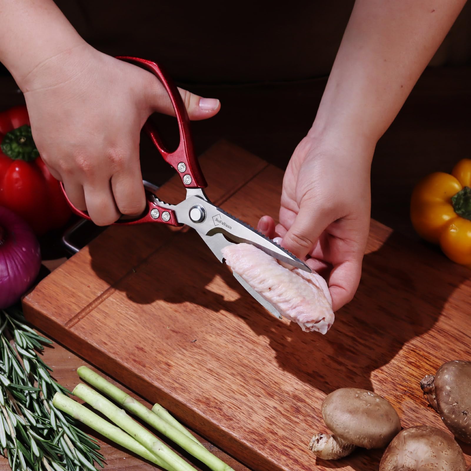 9-Inch Heavy Duty Kitchen Shears for Cutting Chicken, Meat & Food - Multipurpose Stainless Steel Cooking Scissors (Red) - Perfect for Meal Prep, Poultry Trimming & Herb Cutting
