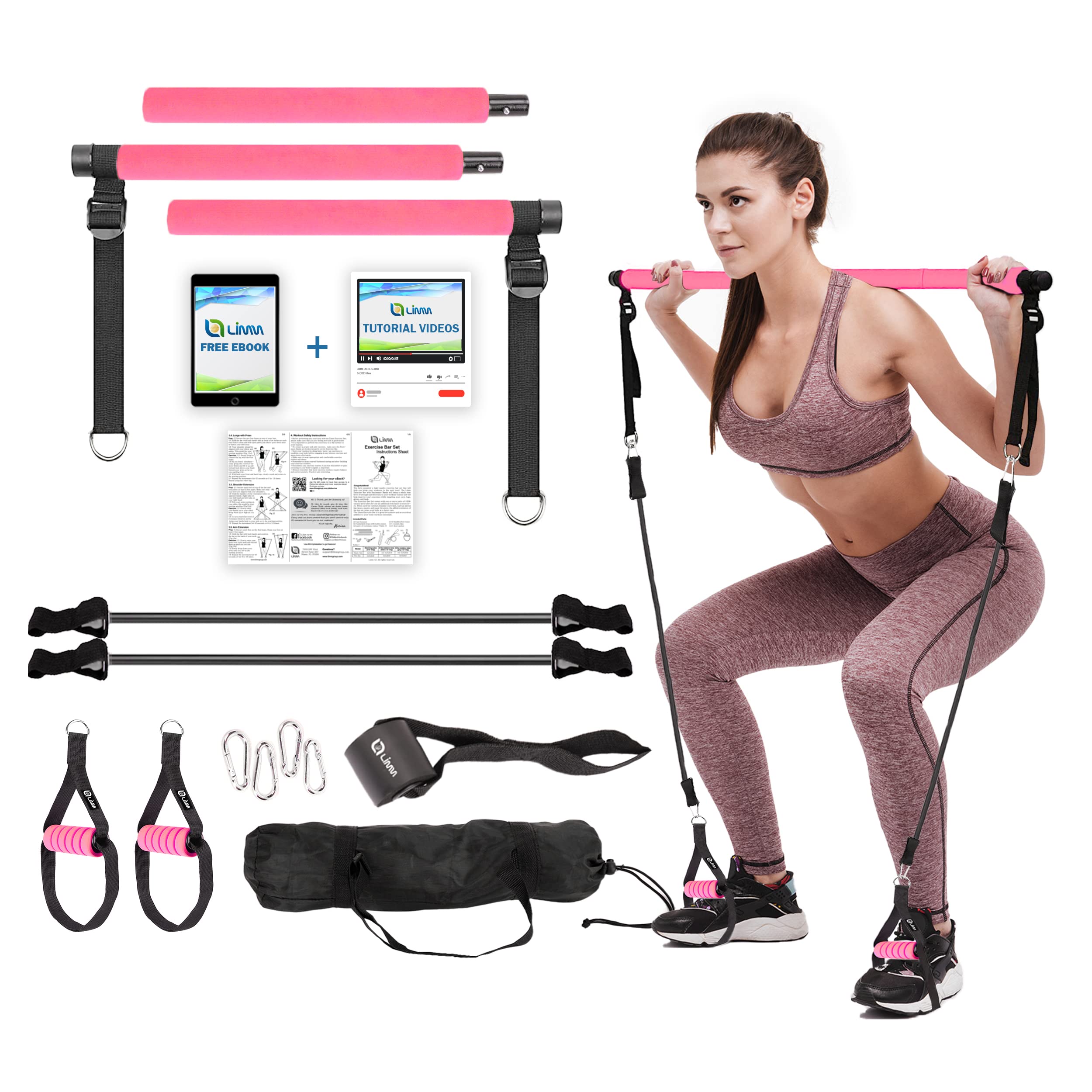 Limm Pilates Bar Kit - 3-Section Adjustable Yoga Stick for Home Workouts, Strength Training & Stretching - Portable Exercise Equipment with Resistance Bands for Men & Women - Perfect for Yoga, Pilates, Toning & Full Body Fitness at Home or Gym