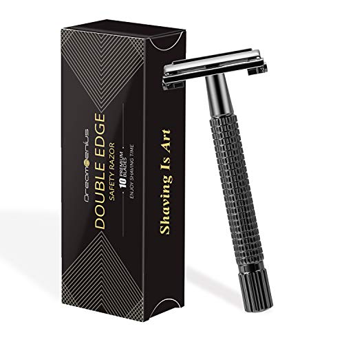 DreamGenius Double Edge Safety Razor for Men & Women - Long Handle Butterfly Open Design with 10 Stainless Steel Blades - Smooth & Precise Shaving for Face, Legs & Body - Perfect for Travel & Daily Grooming